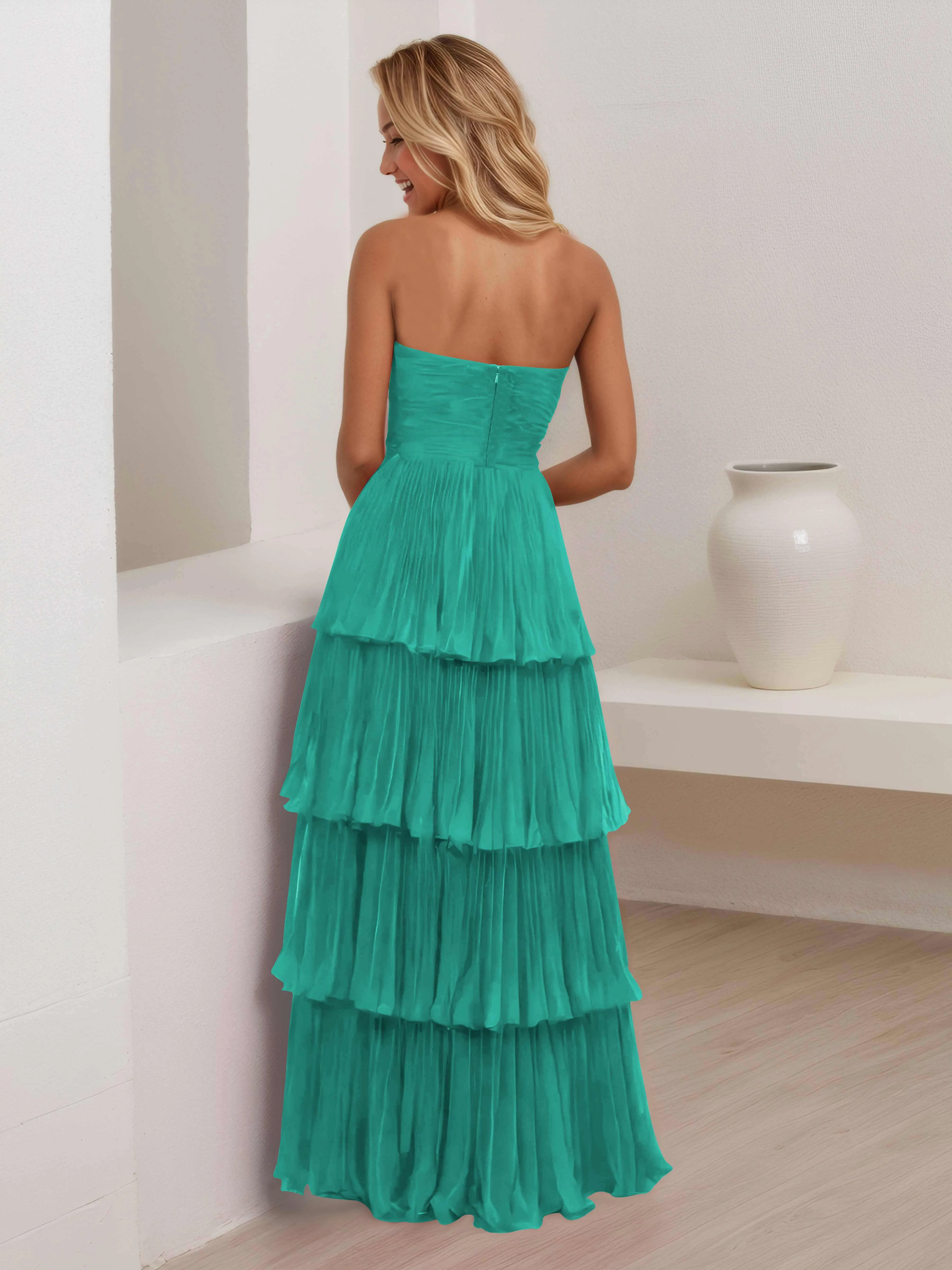 Aliana Stylish Strapless Tiered Long Wedding Guest Dresses