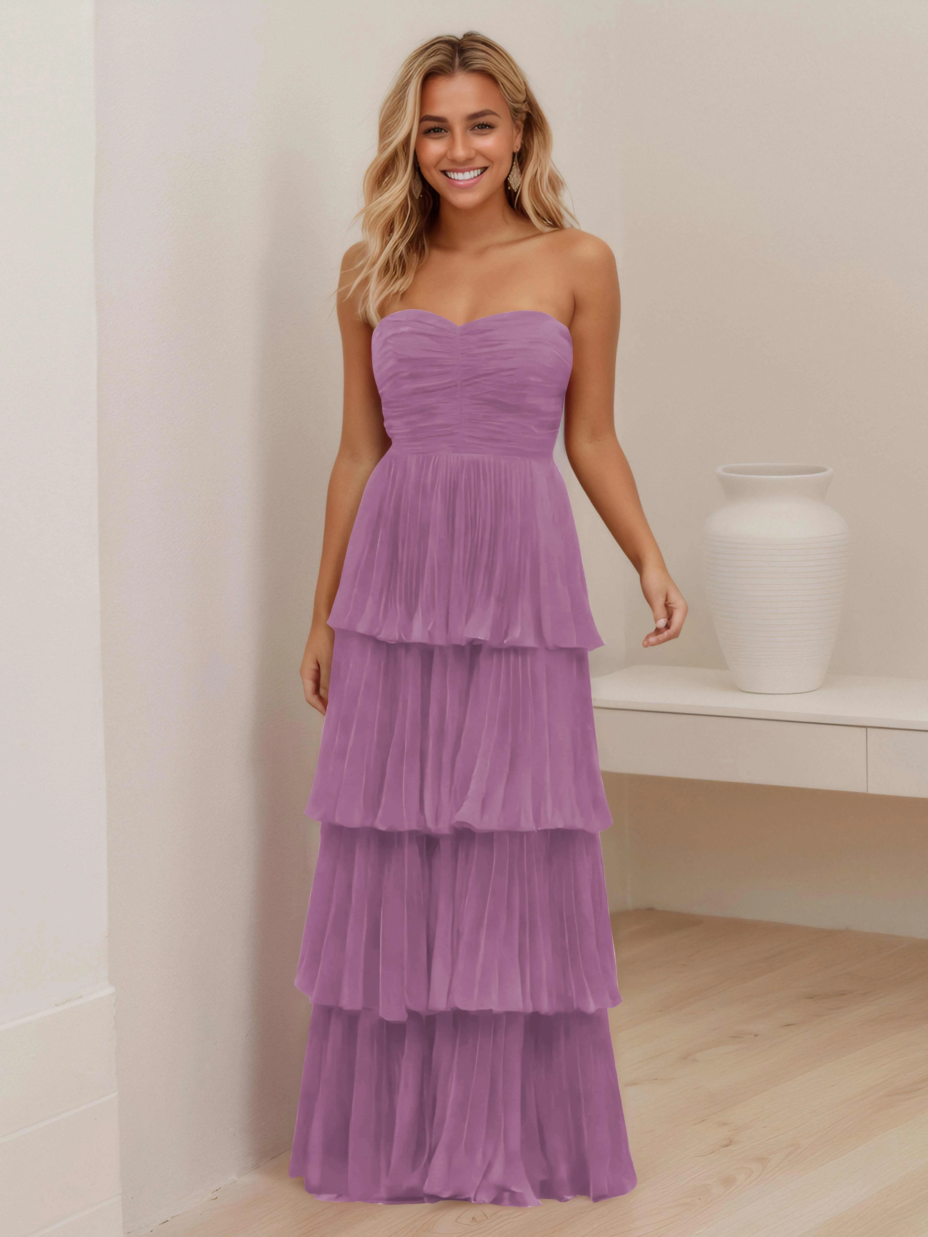Aliana Stylish Strapless Tiered Long Wedding Guest Dresses