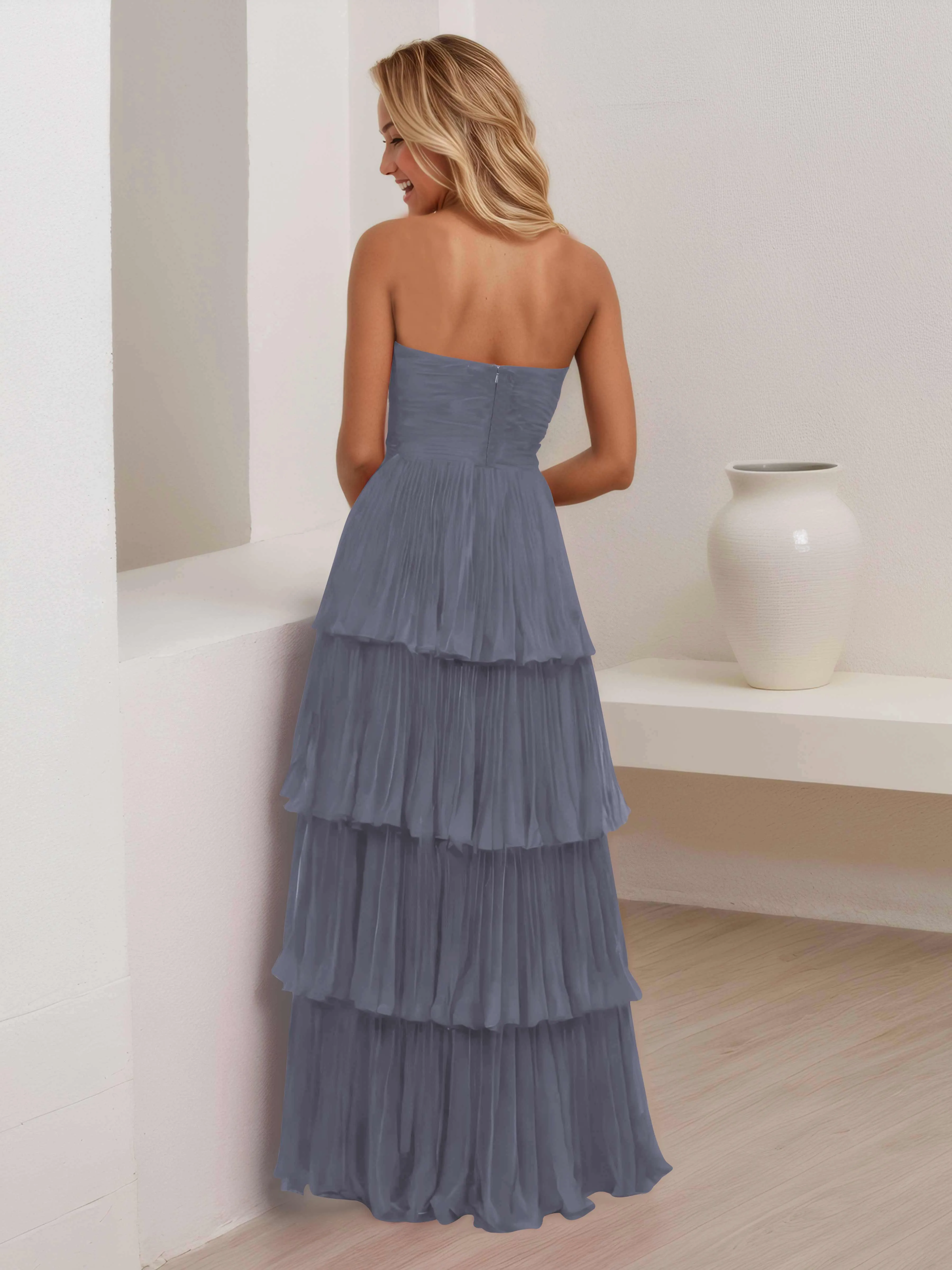 Aliana Stylish Strapless Tiered Long Wedding Guest Dresses