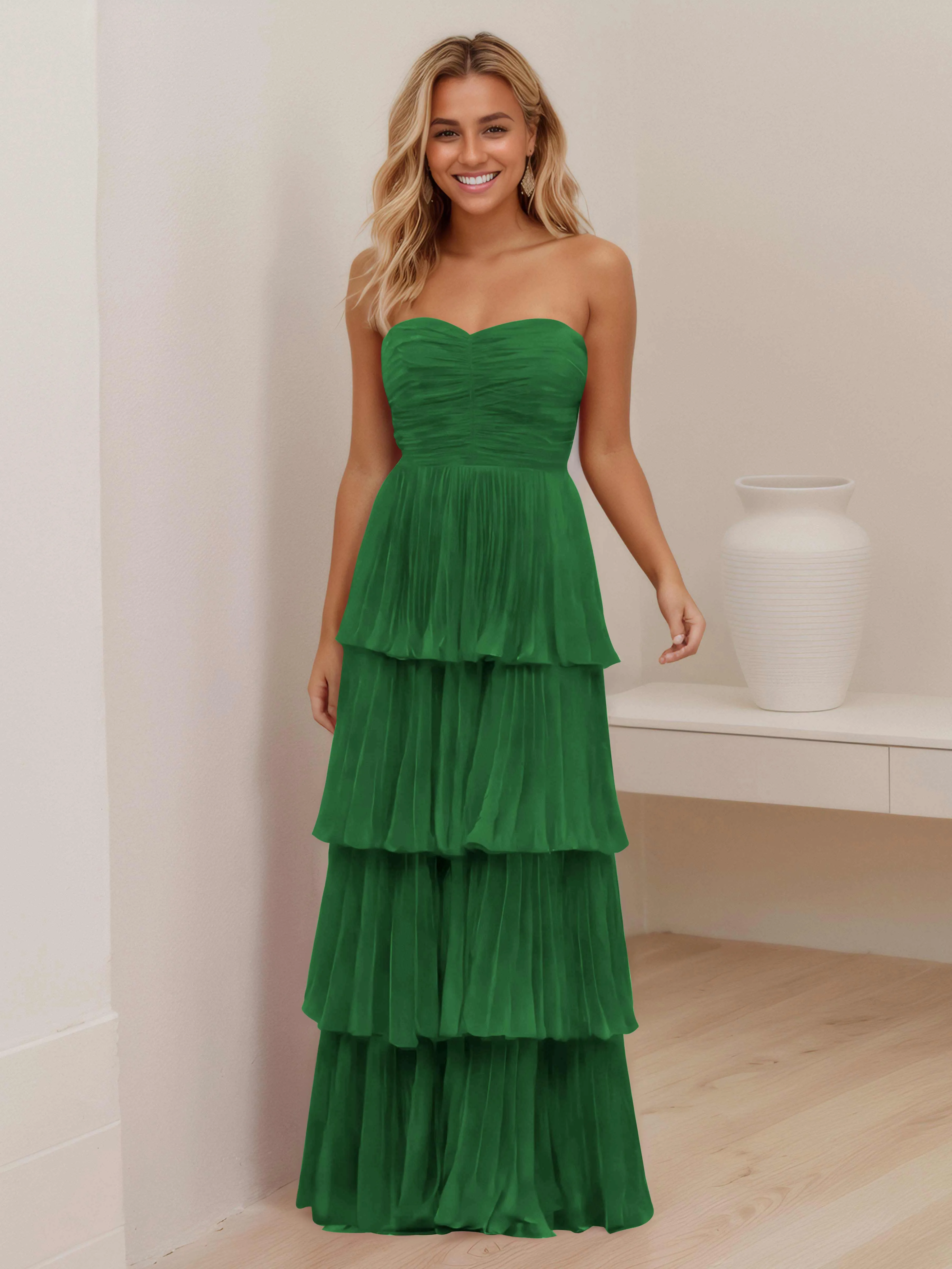 Aliana Stylish Strapless Tiered Long Wedding Guest Dresses