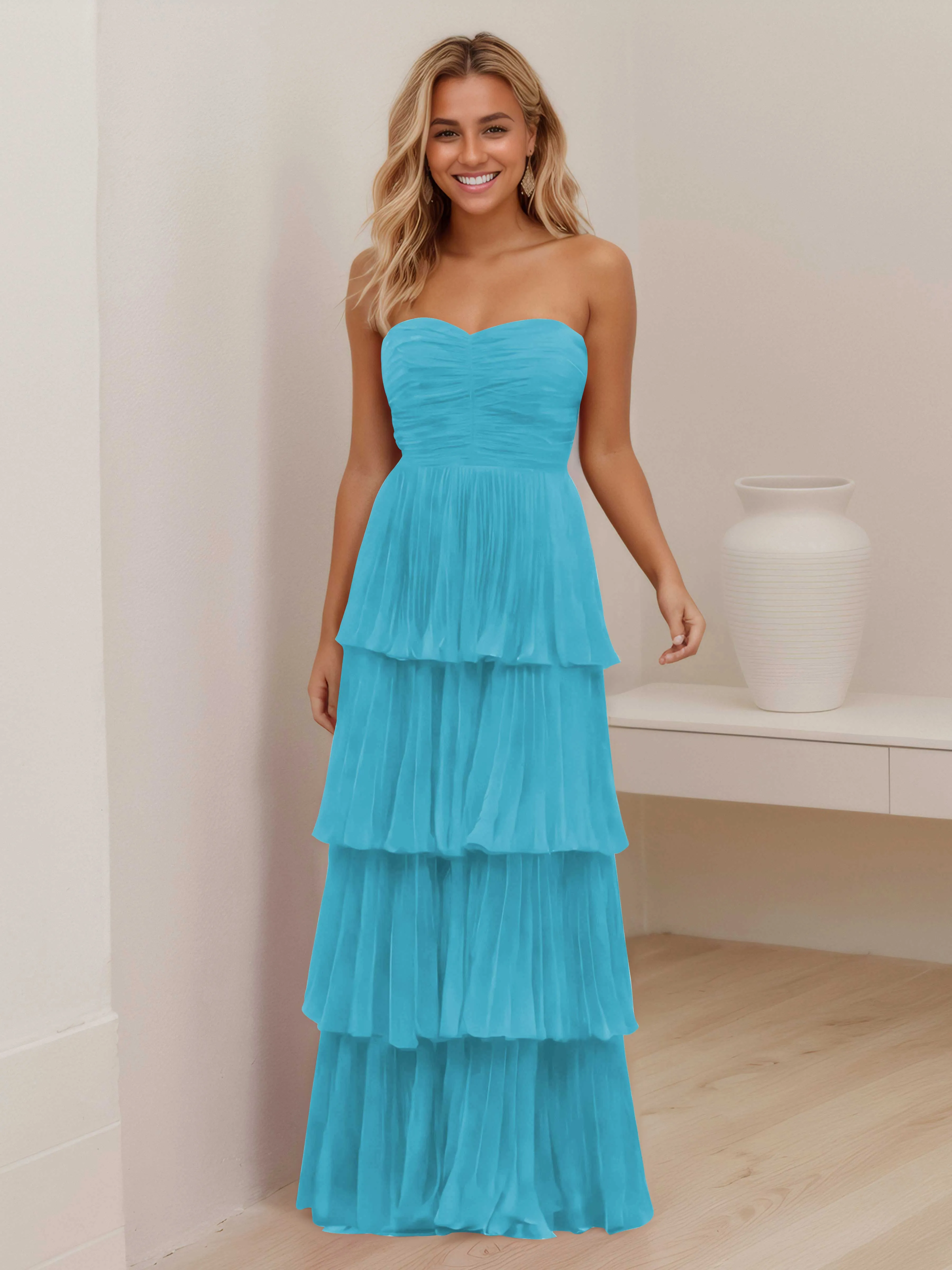 Aliana Stylish Strapless Tiered Long Wedding Guest Dresses