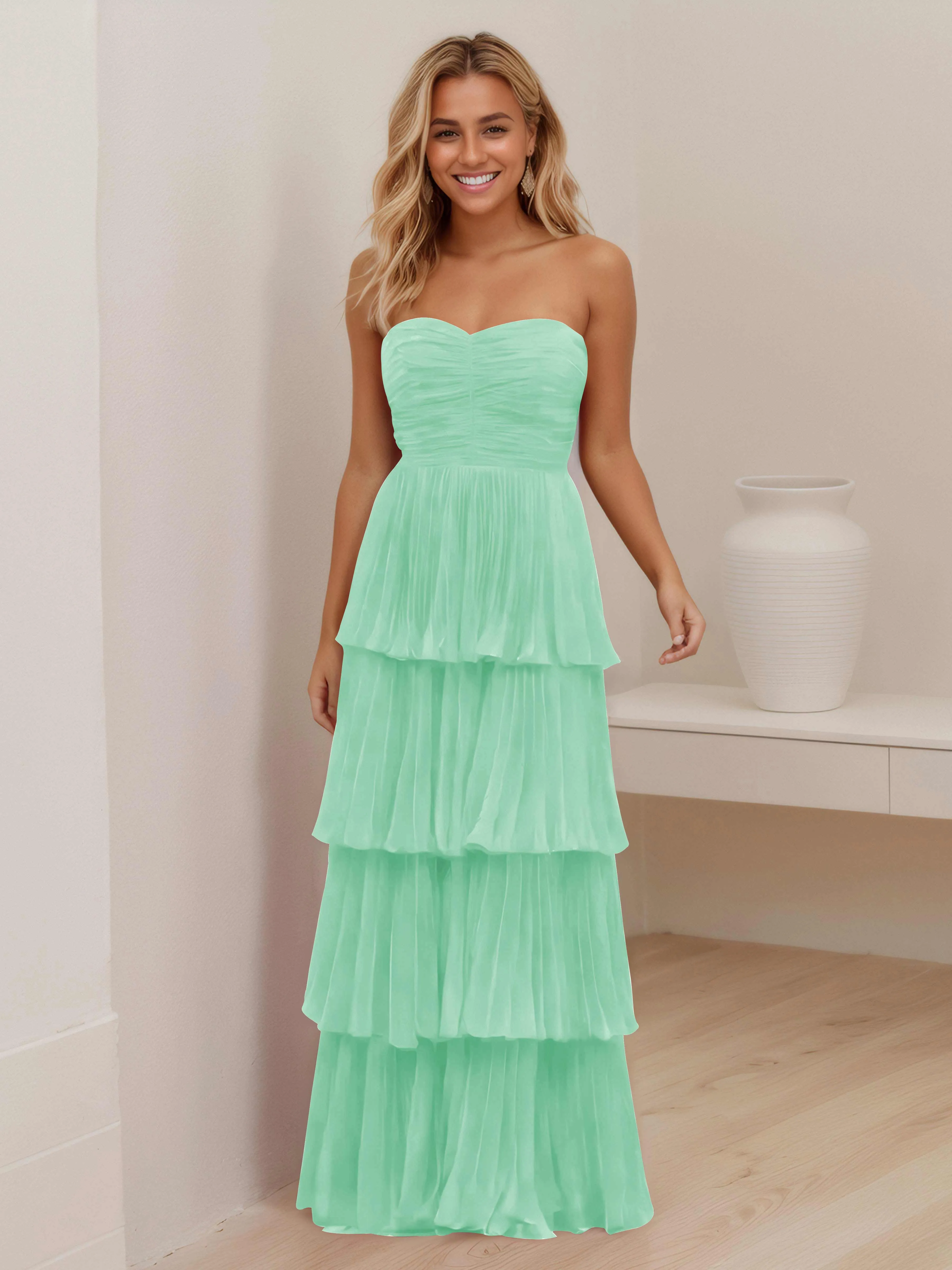 Aliana Stylish Strapless Tiered Long Wedding Guest Dresses