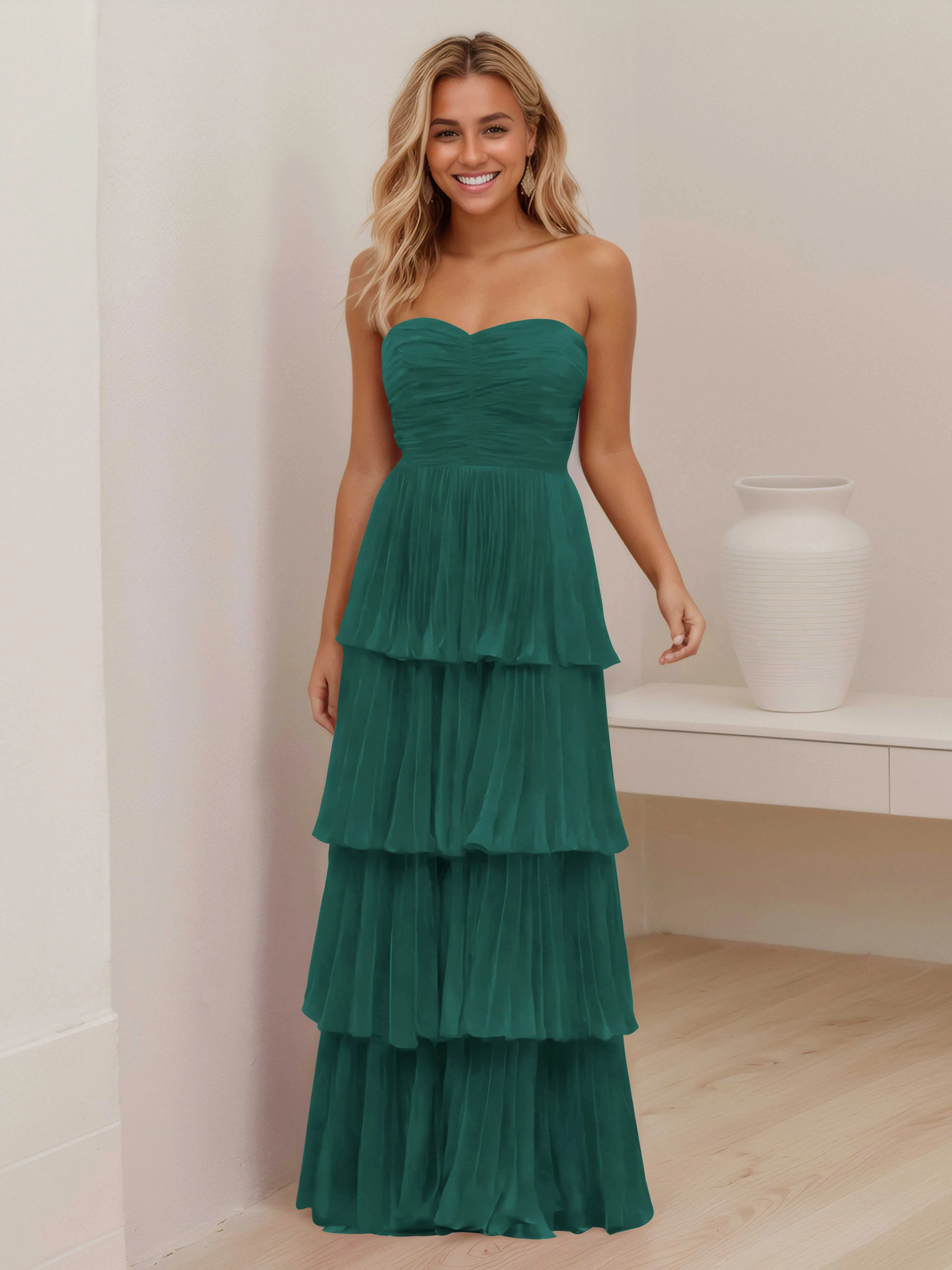 Aliana Stylish Strapless Tiered Long Wedding Guest Dresses