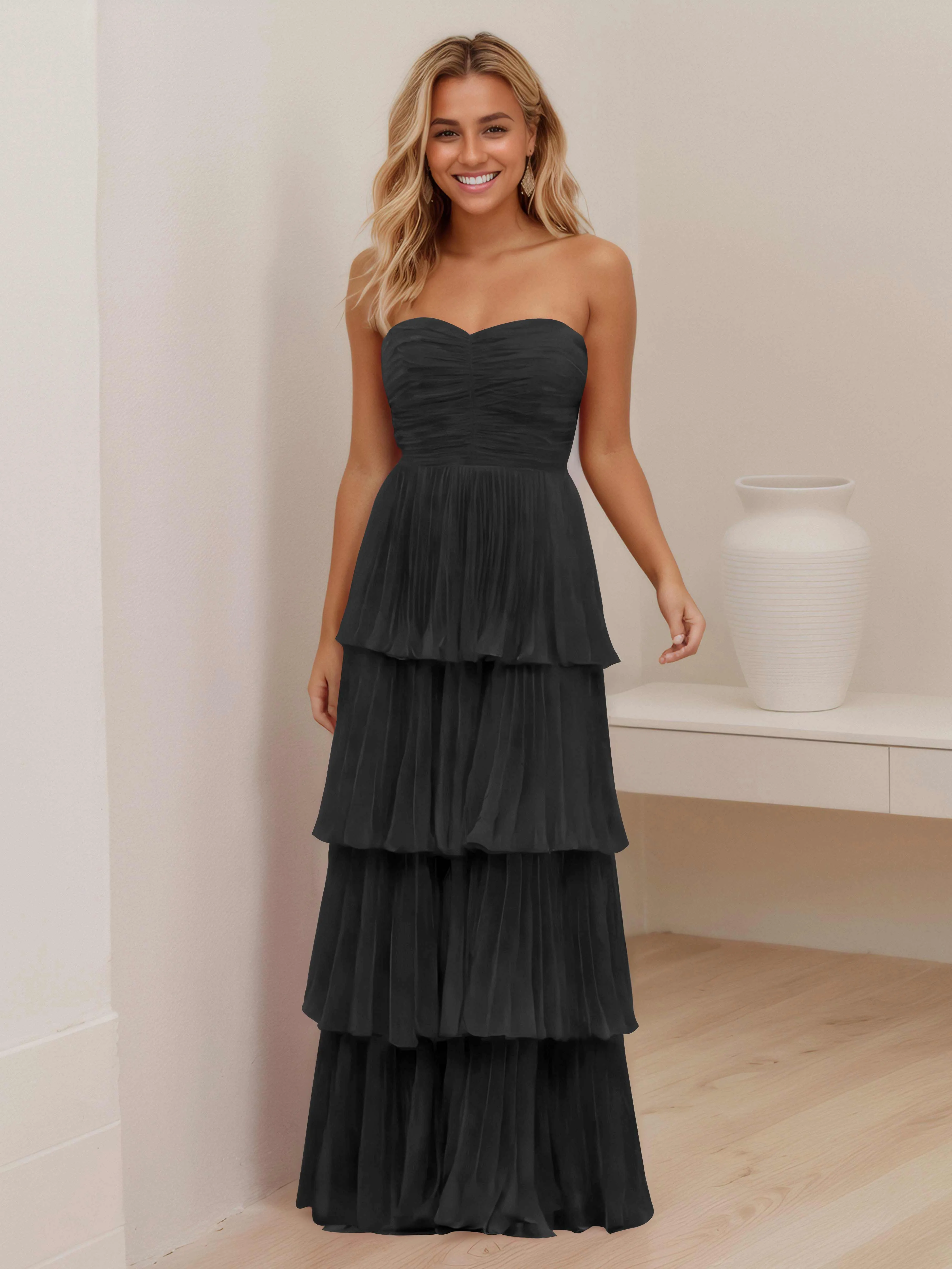 Aliana Stylish Strapless Tiered Long Wedding Guest Dresses