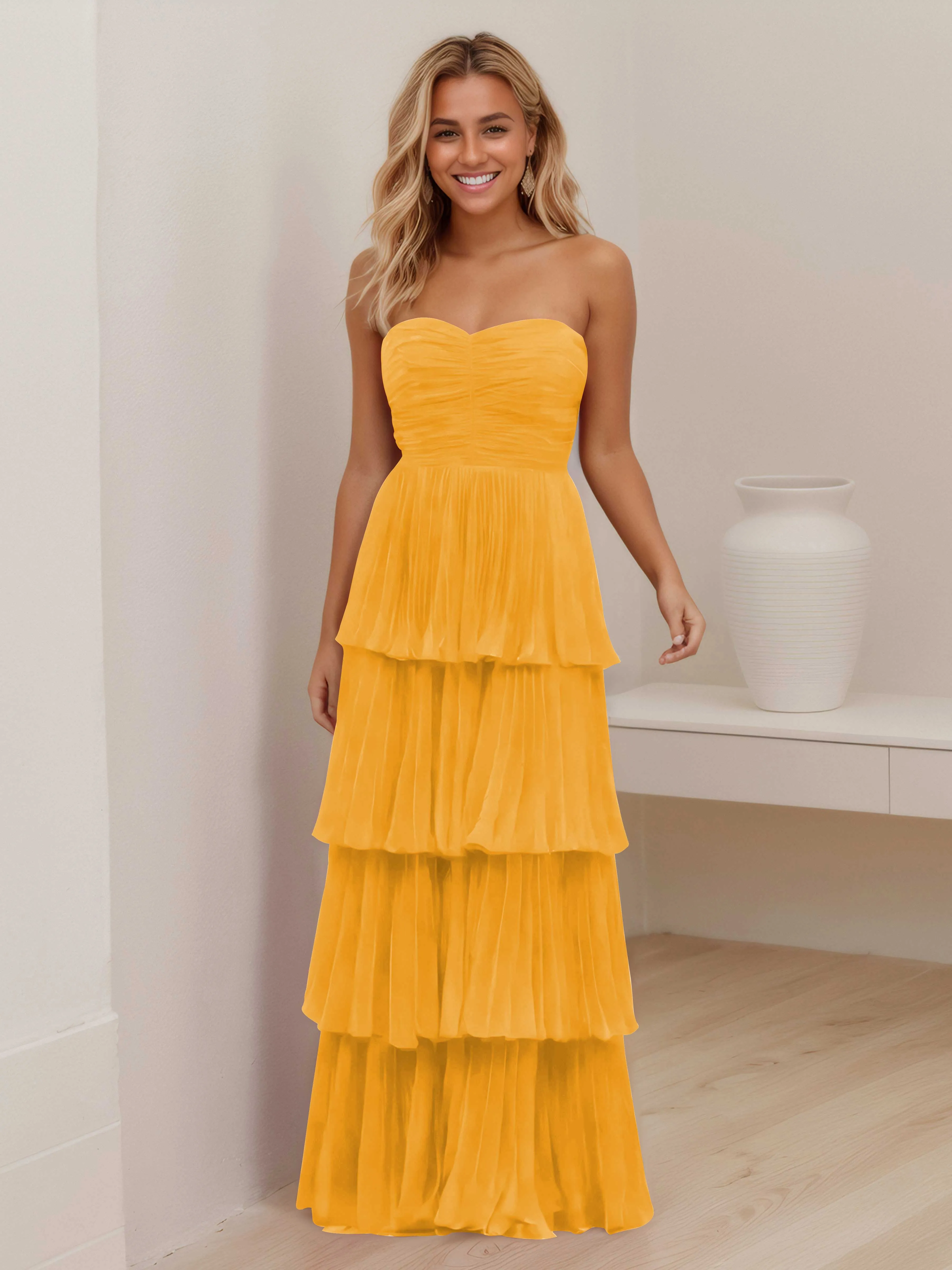 Aliana Stylish Strapless Tiered Long Wedding Guest Dresses