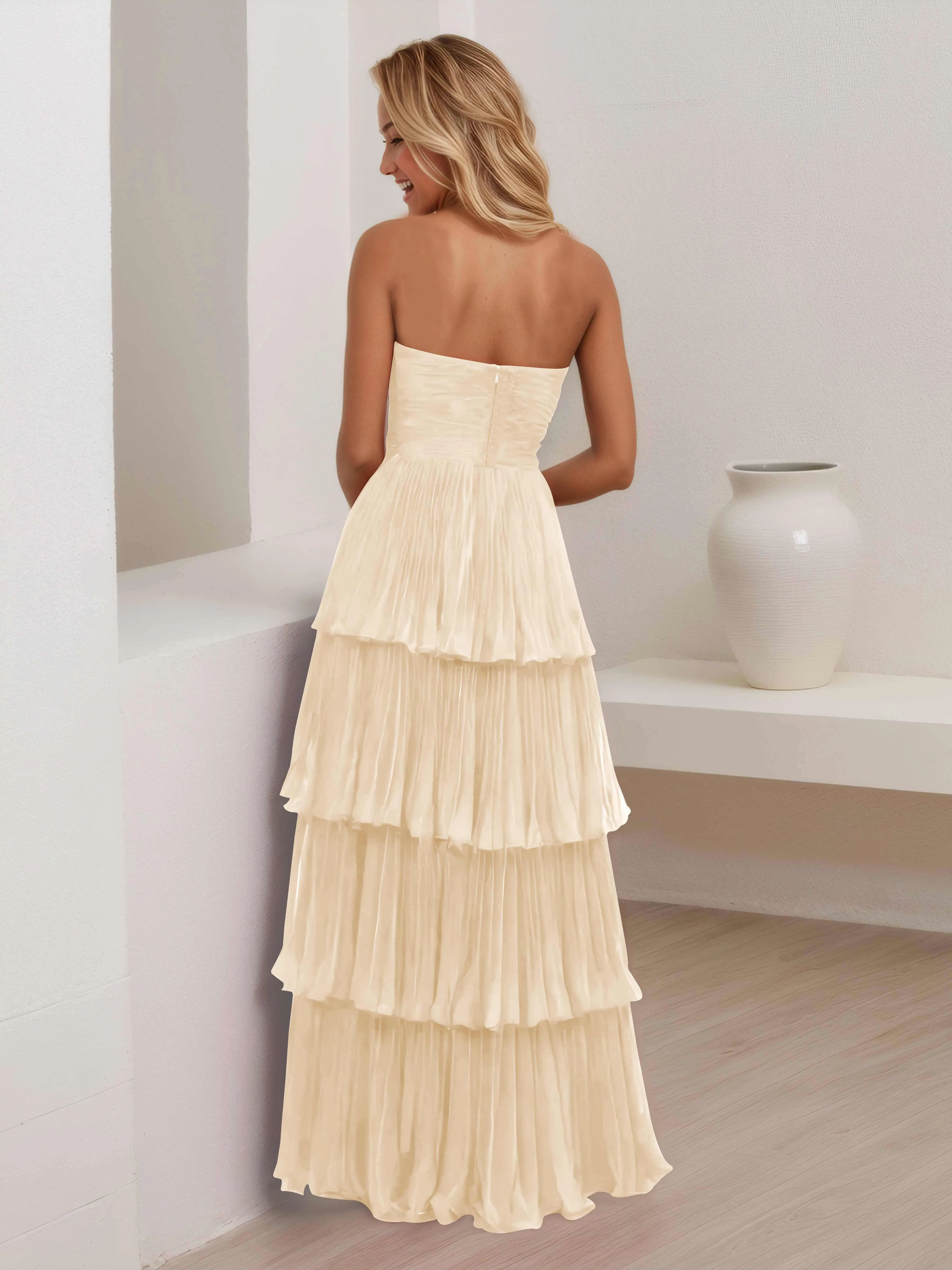 Aliana Stylish Strapless Tiered Long Wedding Guest Dresses