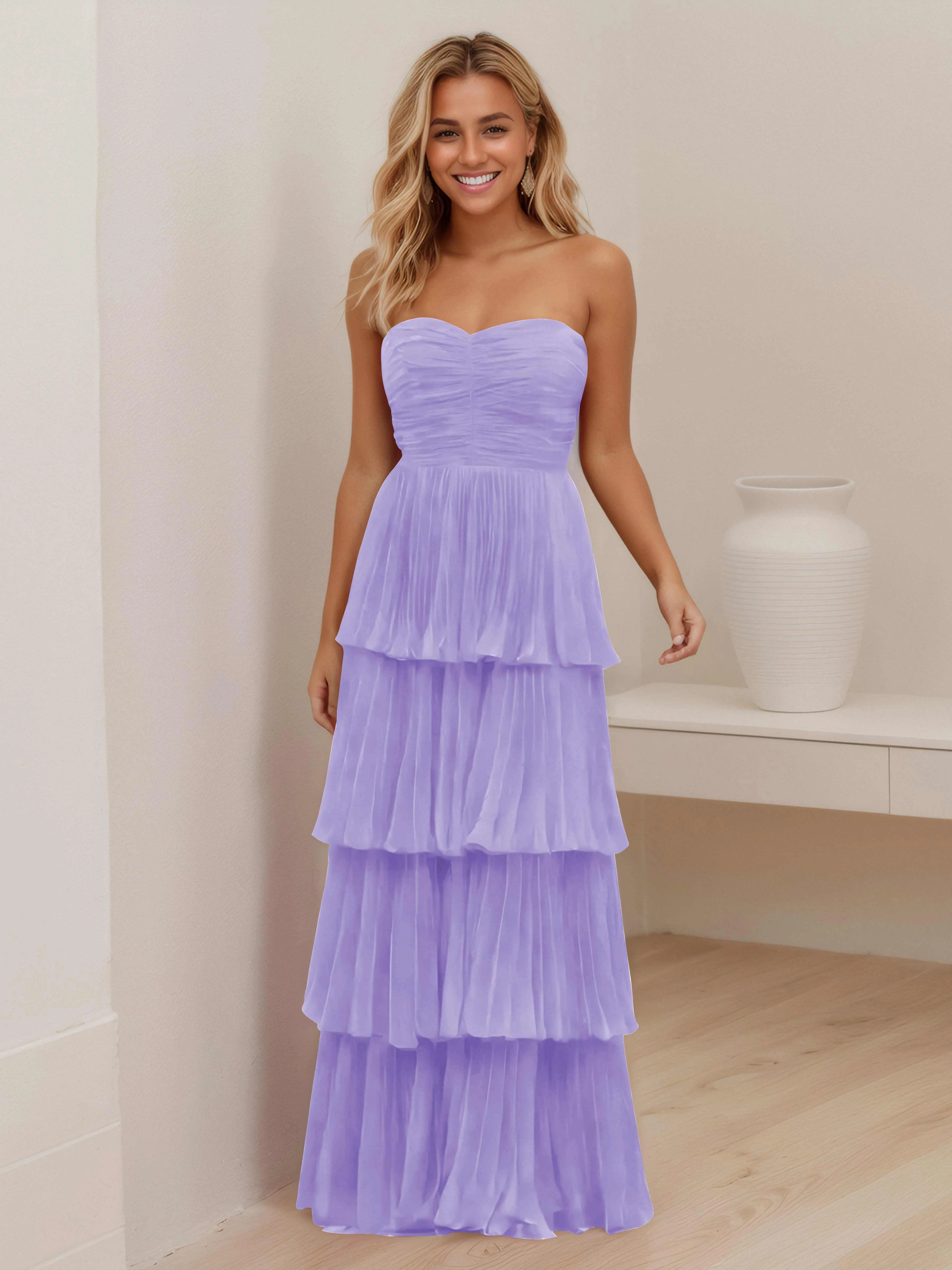 Aliana Stylish Strapless Tiered Long Wedding Guest Dresses