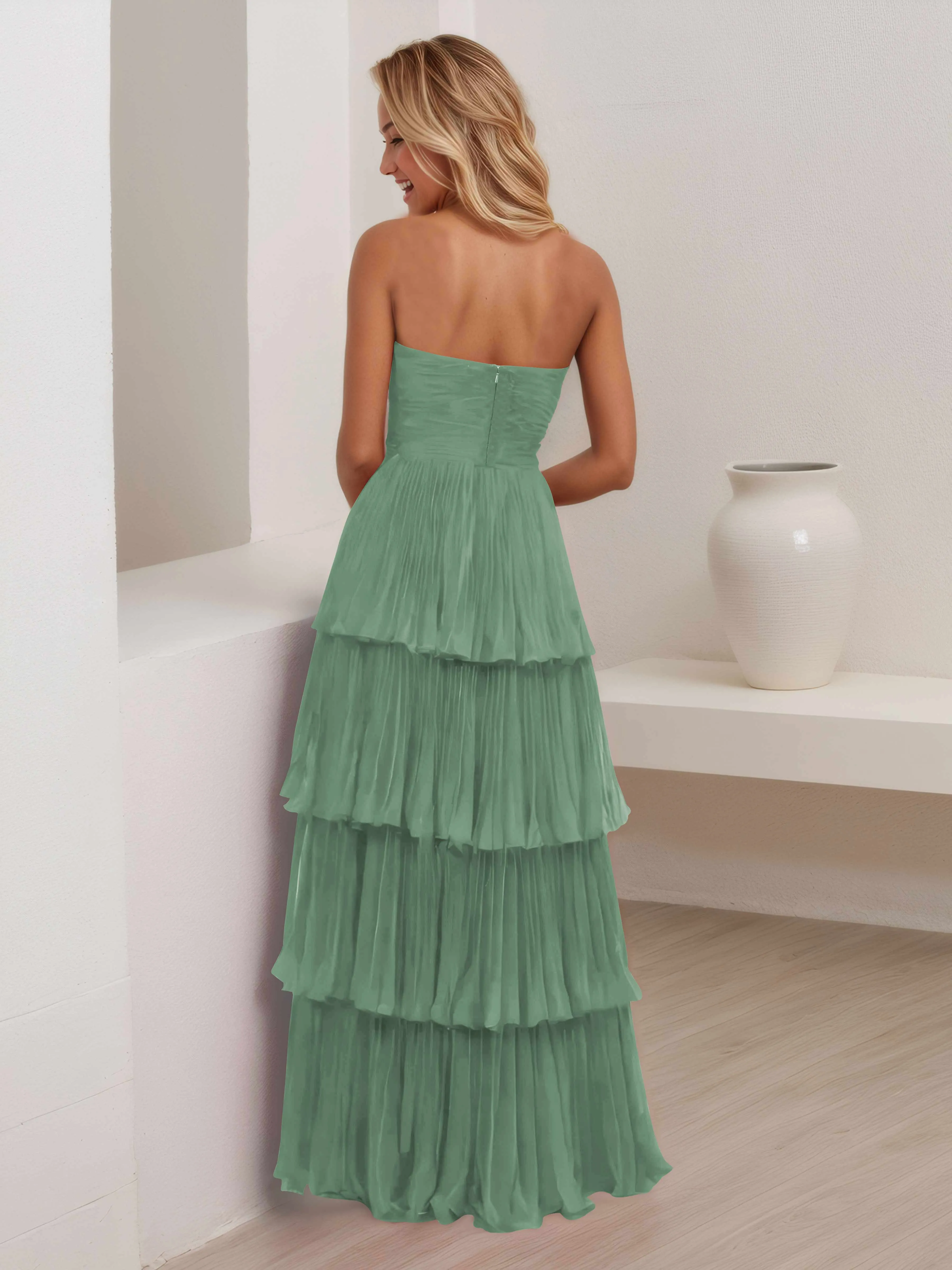 Aliana Stylish Strapless Tiered Long Wedding Guest Dresses