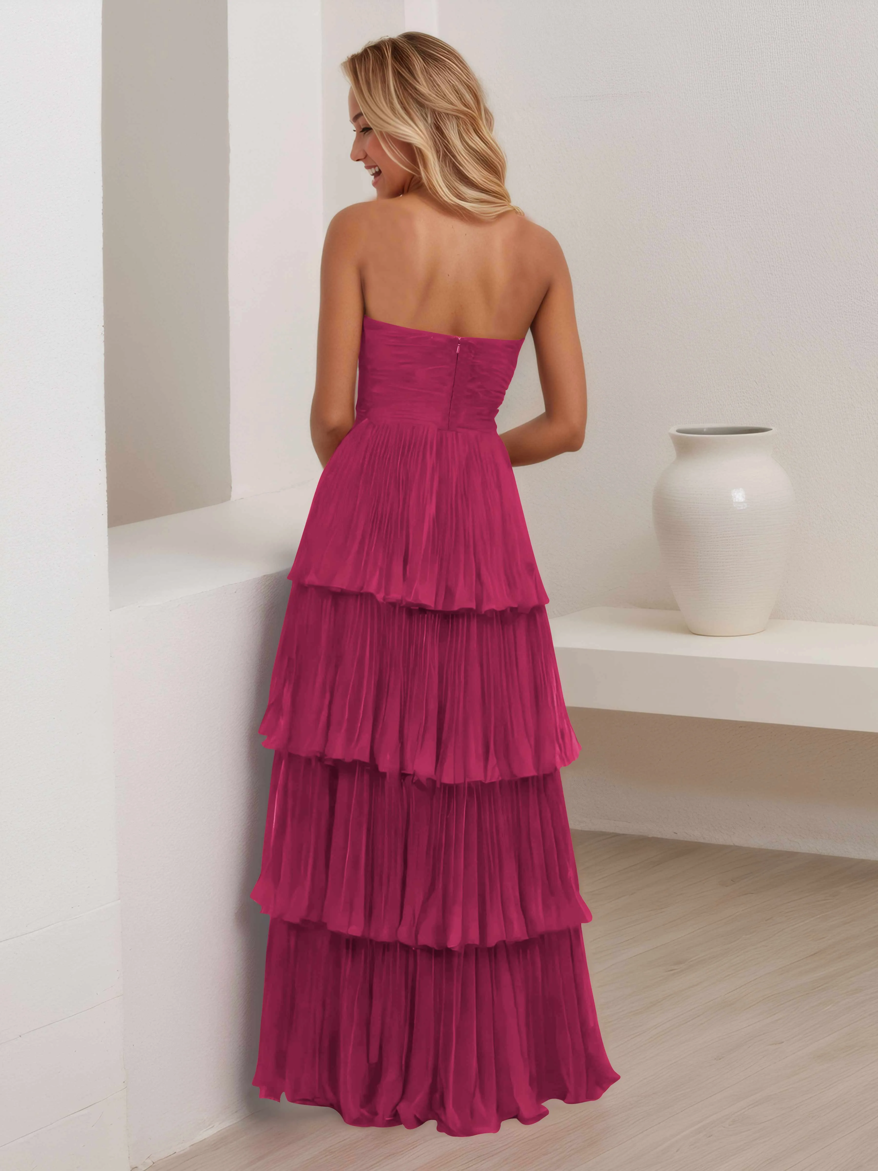 Aliana Stylish Strapless Tiered Long Wedding Guest Dresses