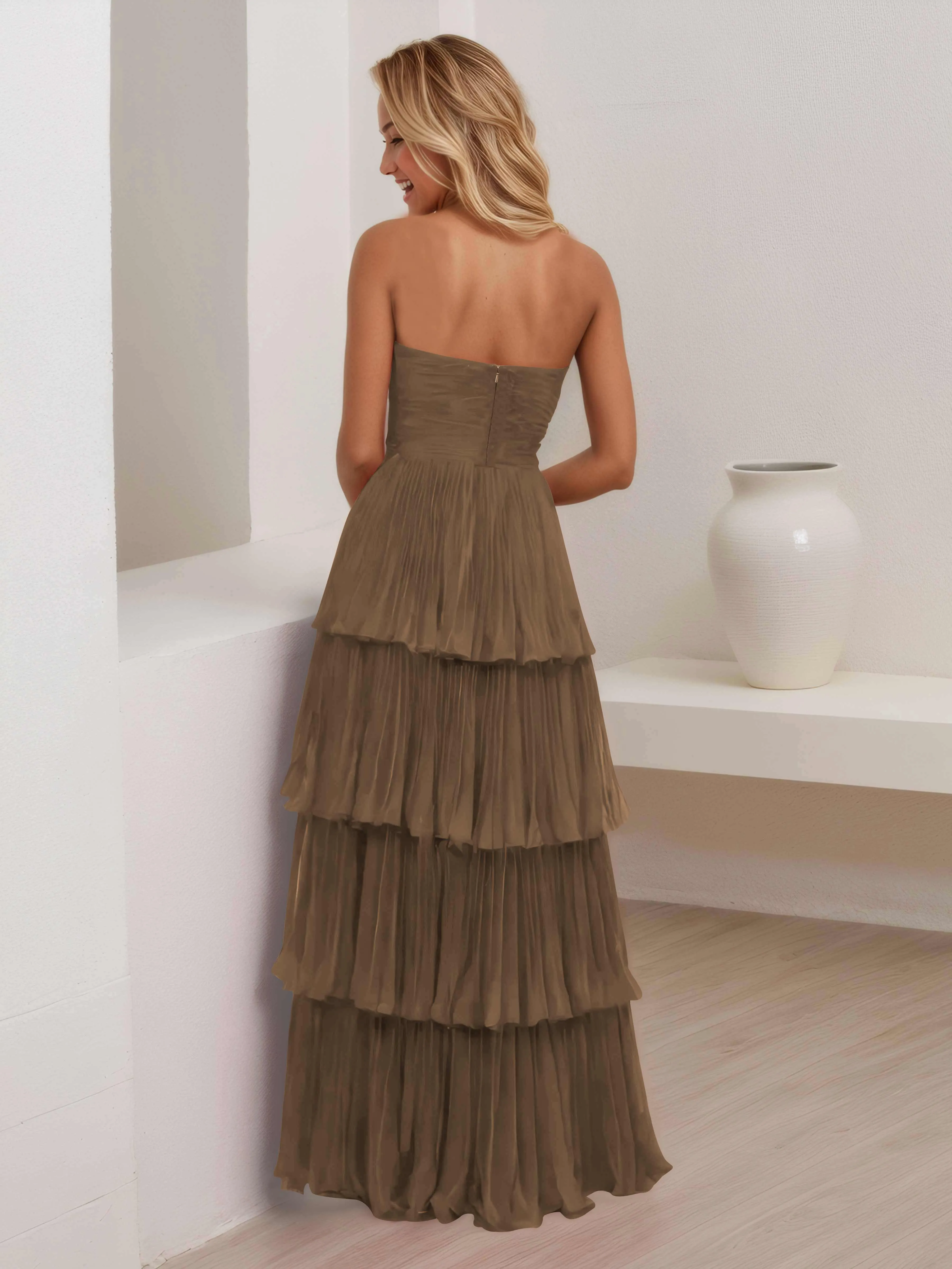 Aliana Stylish Strapless Tiered Long Wedding Guest Dresses