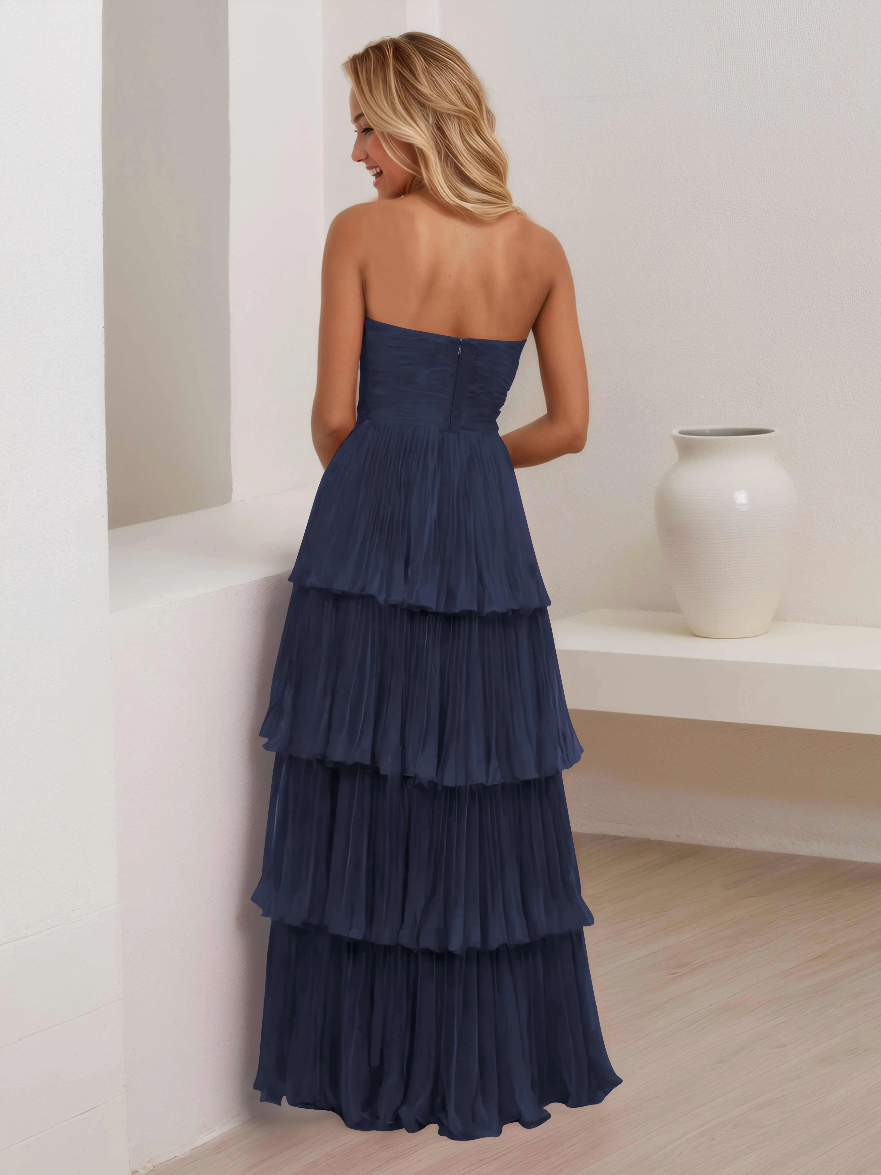 Aliana Stylish Strapless Tiered Long Wedding Guest Dresses