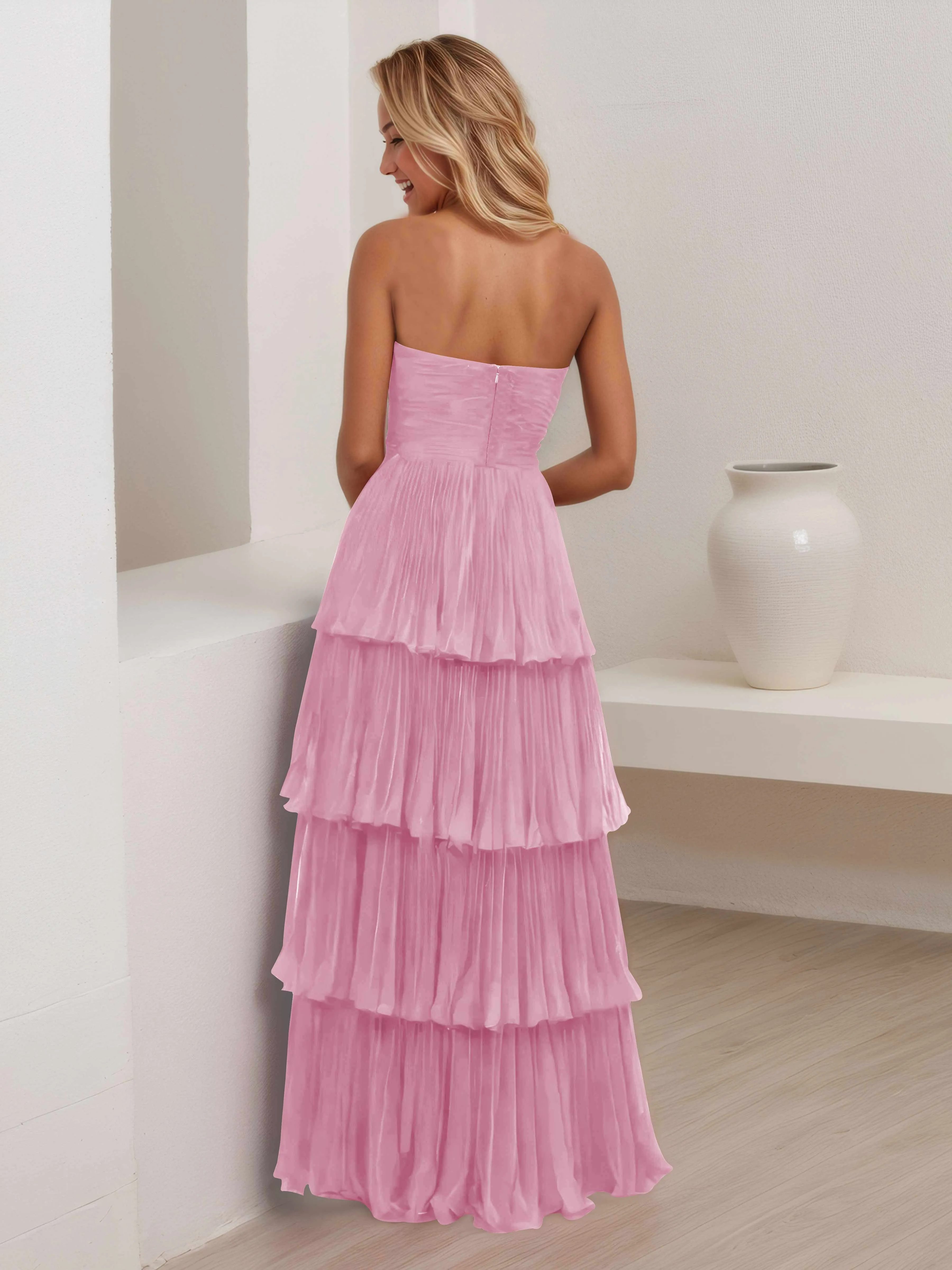 Aliana Stylish Strapless Tiered Long Wedding Guest Dresses