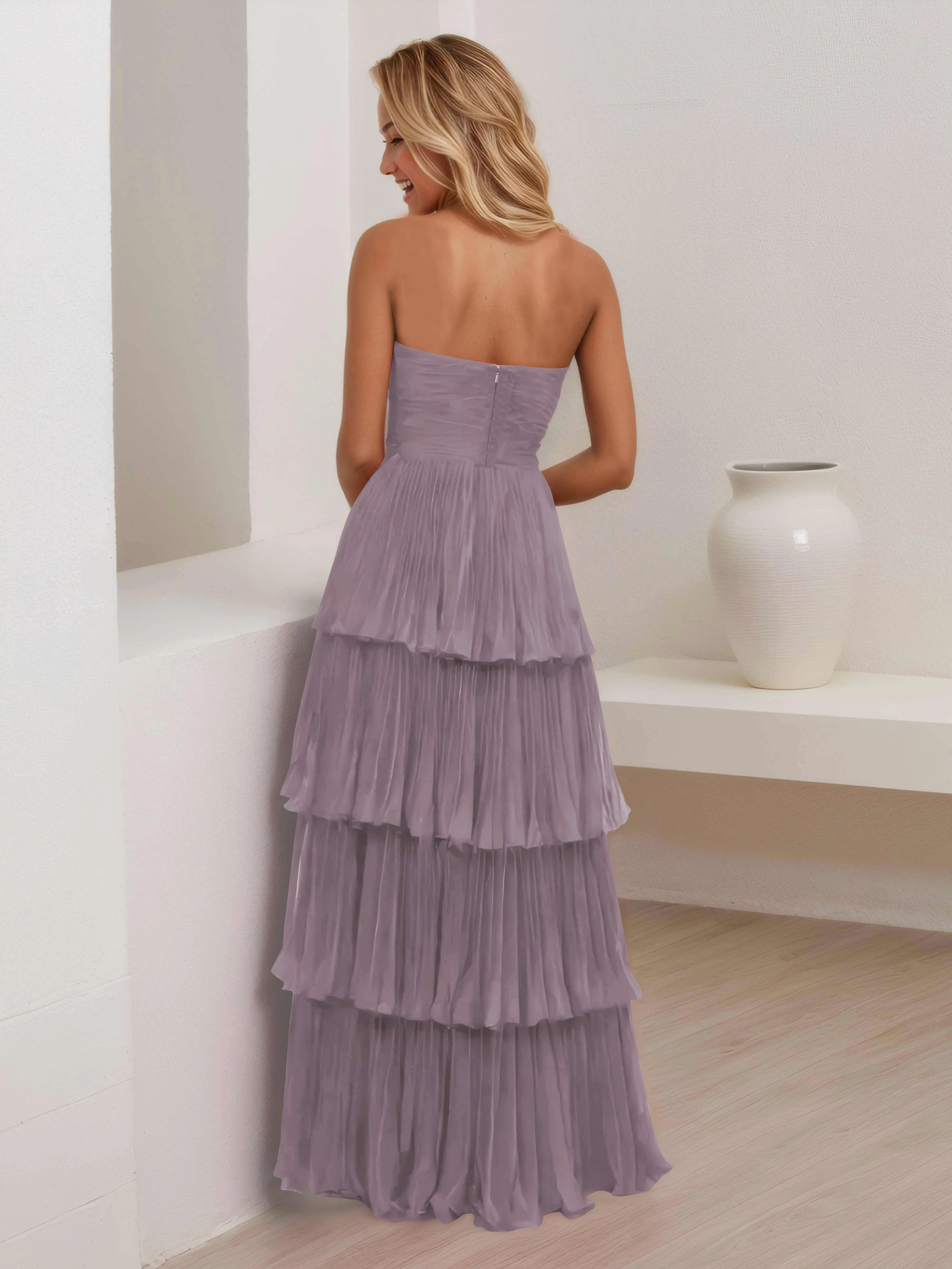Aliana Stylish Strapless Tiered Long Wedding Guest Dresses