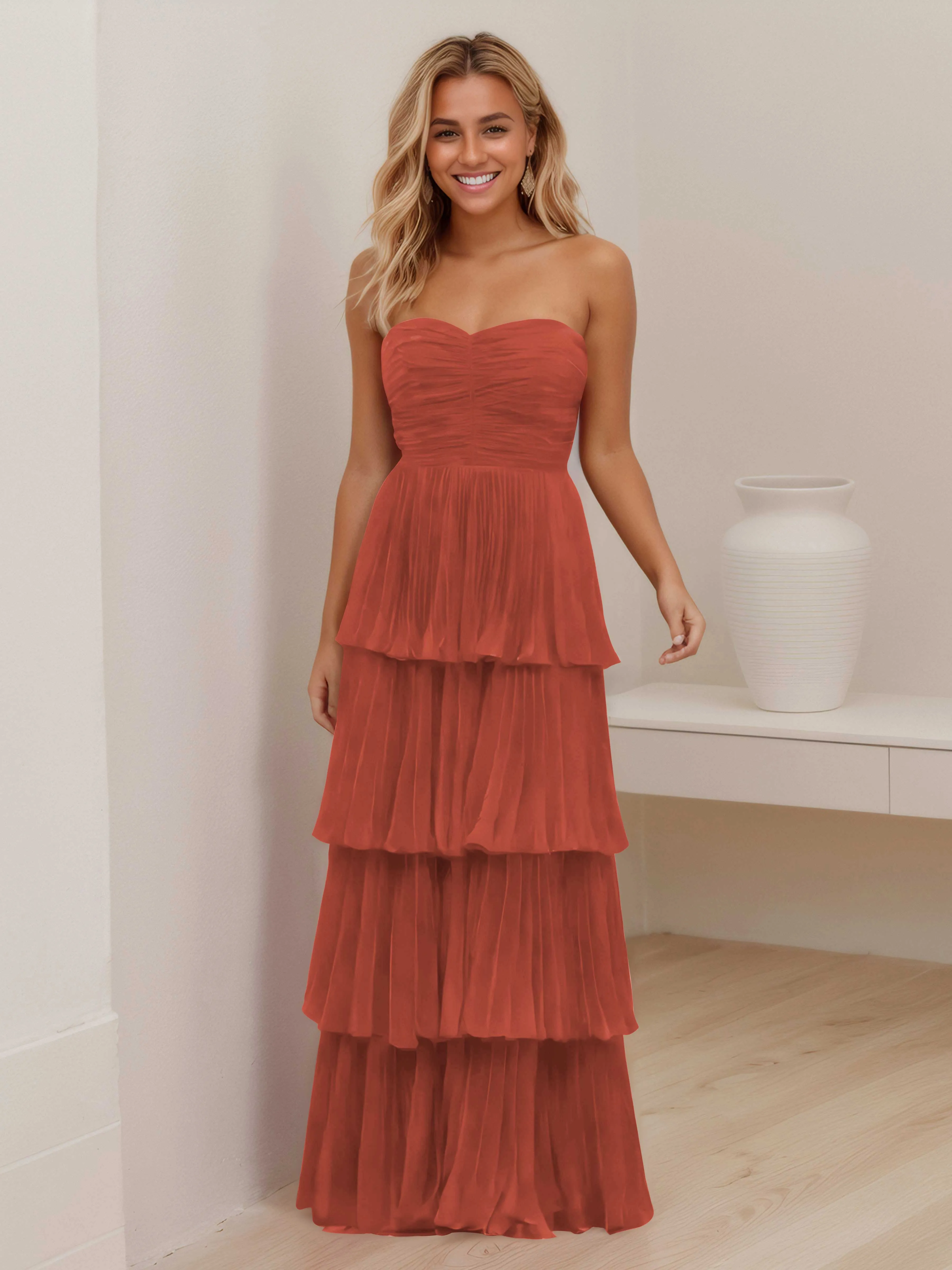 Aliana Stylish Strapless Tiered Long Wedding Guest Dresses