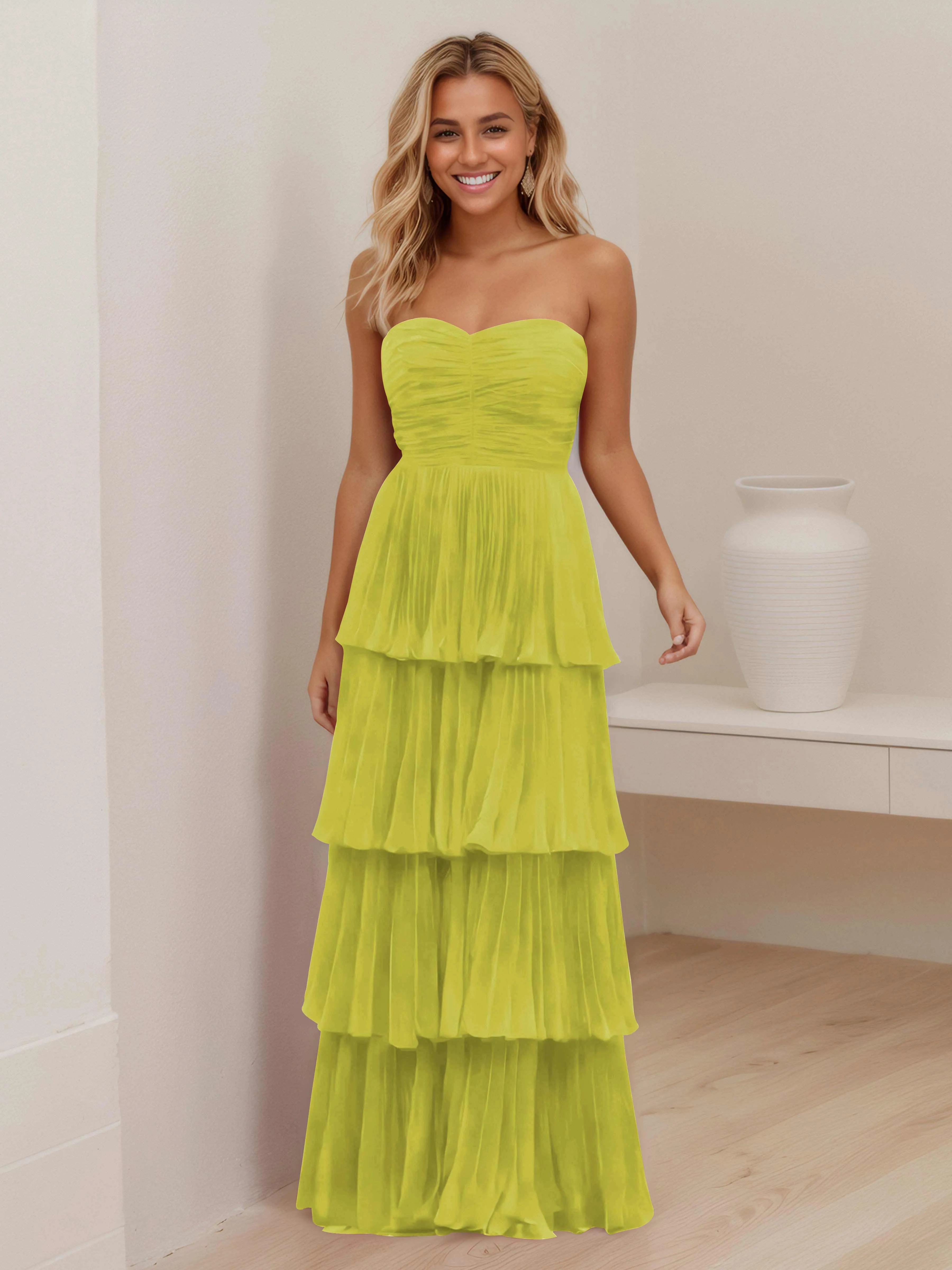 Aliana Stylish Strapless Tiered Long Wedding Guest Dresses