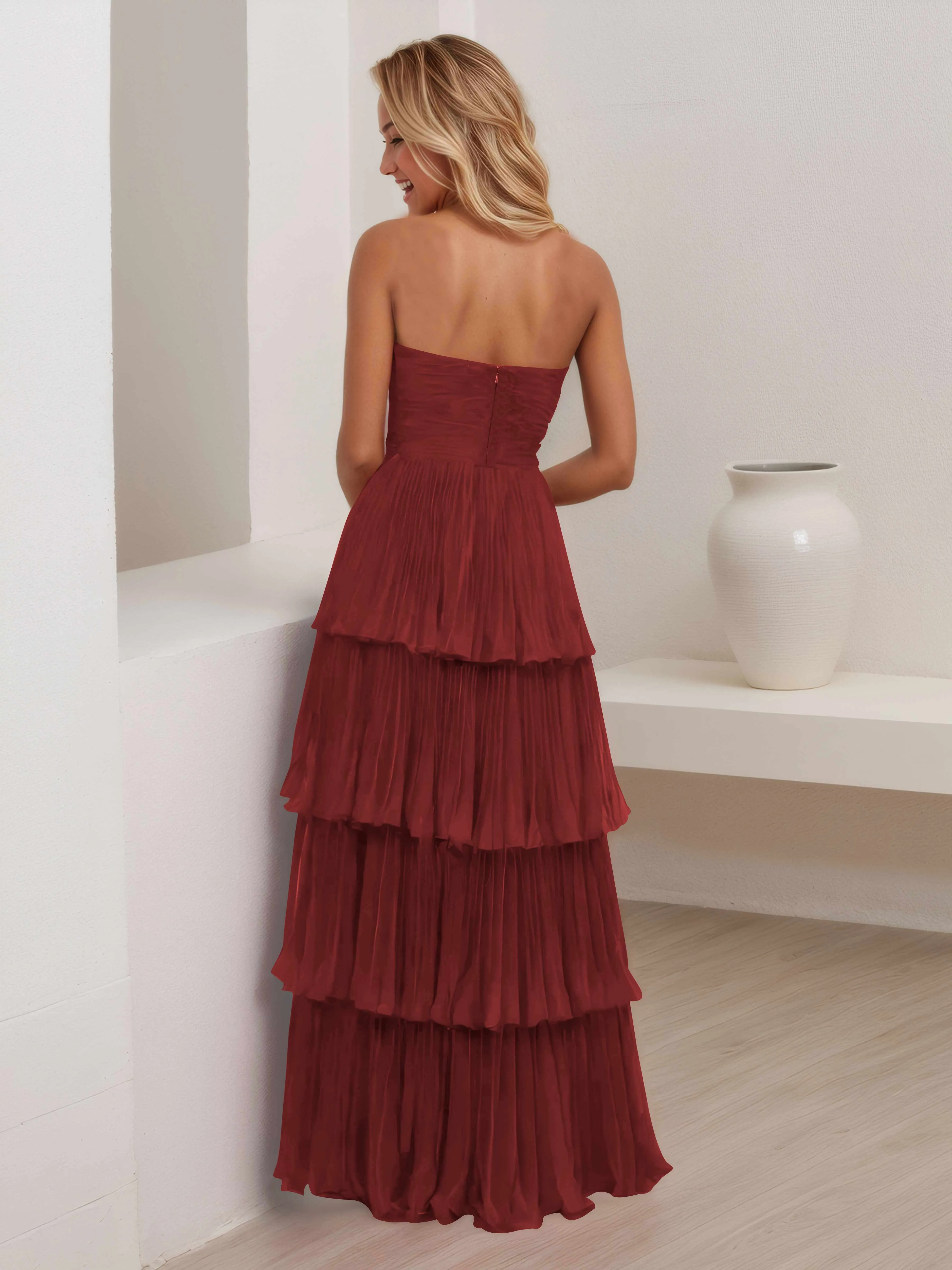 Aliana Stylish Strapless Tiered Long Wedding Guest Dresses