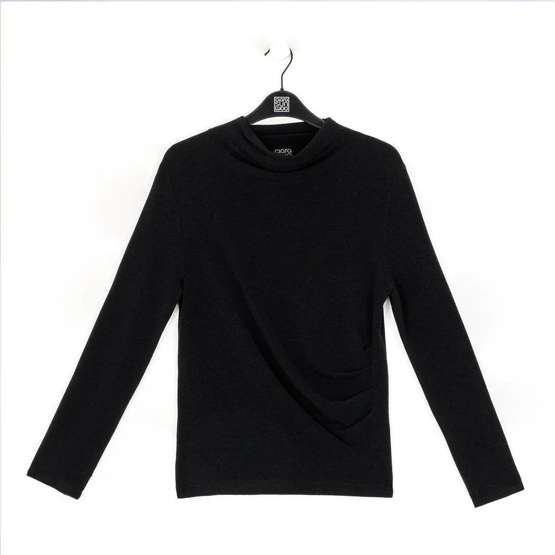 Black Cozy Draped Neck Top