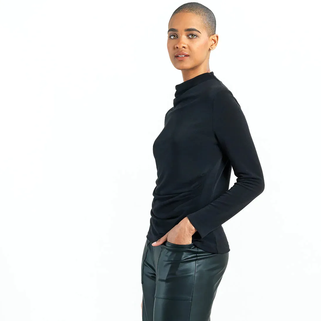 Black Cozy Draped Neck Top