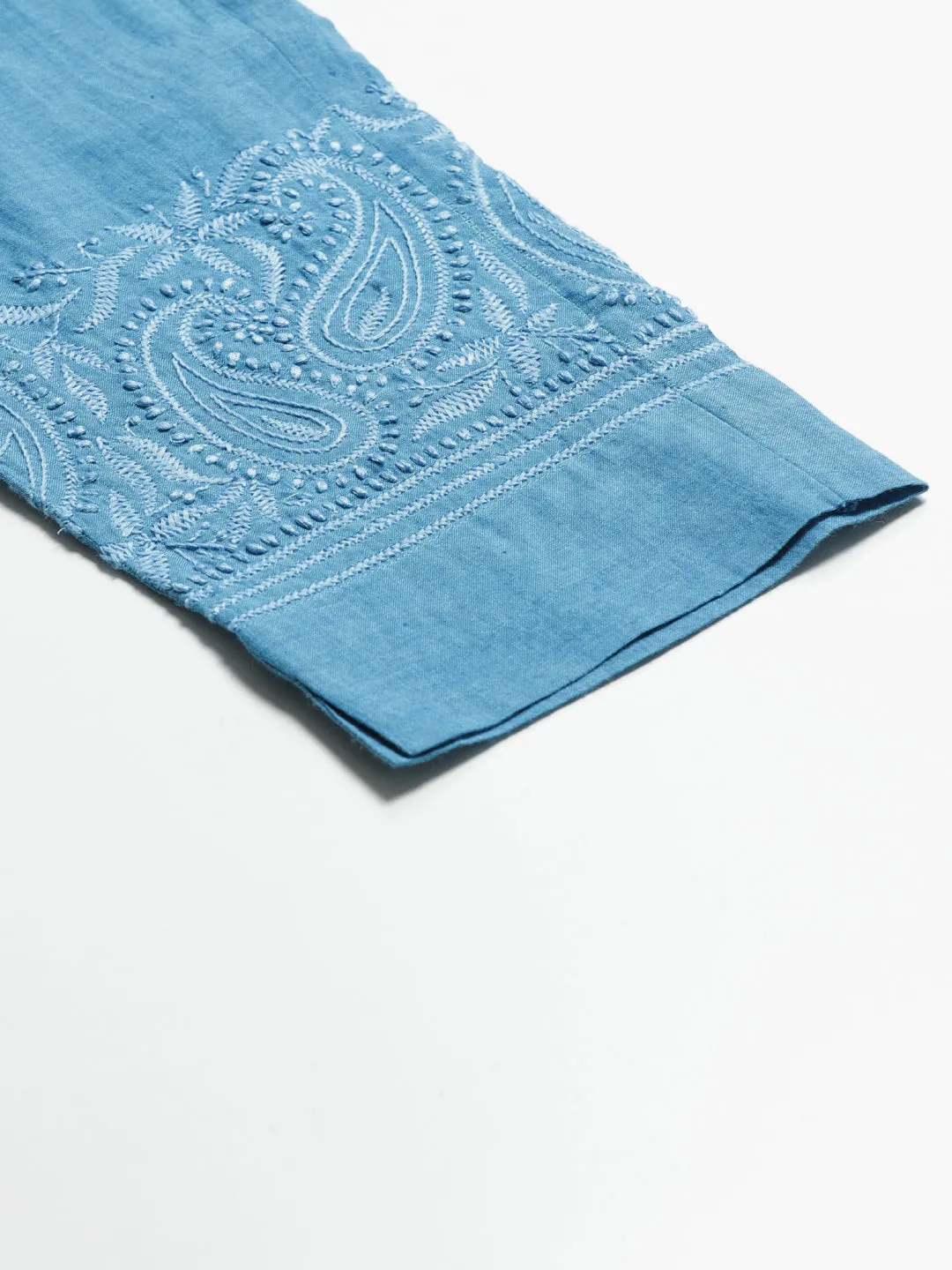 Blue Cotton Chikankari Cropped Pants