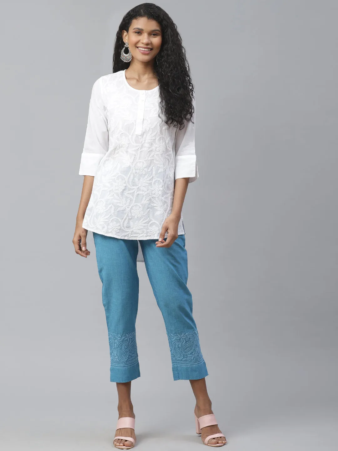 Blue Cotton Chikankari Cropped Pants