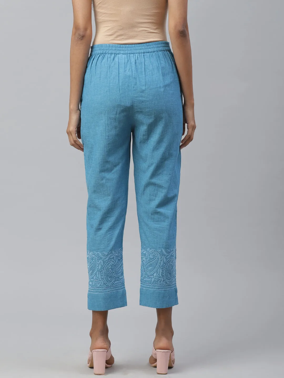 Blue Cotton Chikankari Cropped Pants