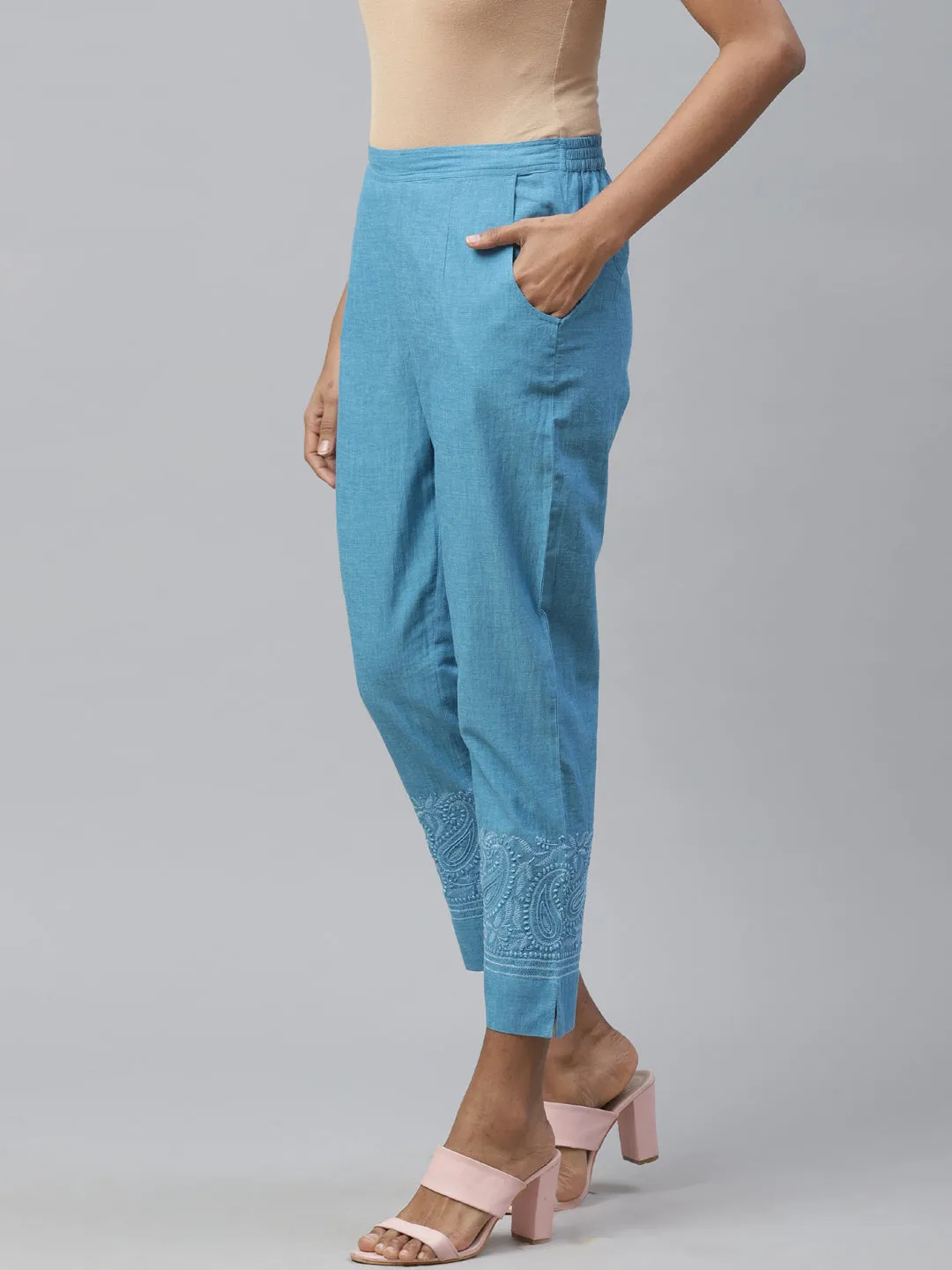 Blue Cotton Chikankari Cropped Pants