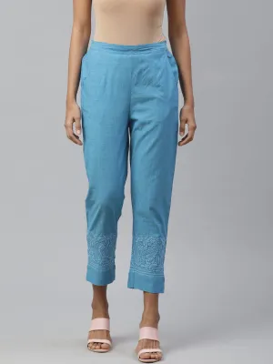 Blue Cotton Chikankari Cropped Pants