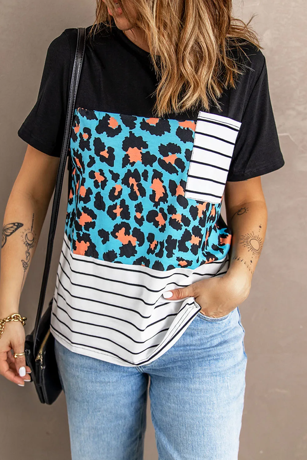 Blue Leopard Pocket Short Sleeve Top
