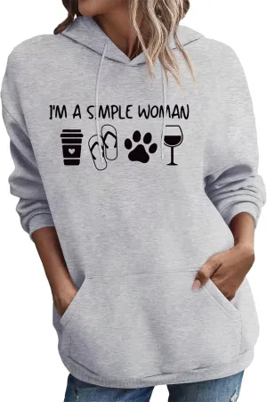 BOYRMSLGY Womens Casual Hoodies I'm A Simple Woman Shirts Coffee Dog Beach Wine Graphic Graphic Printed Drawstring Sweatshirt