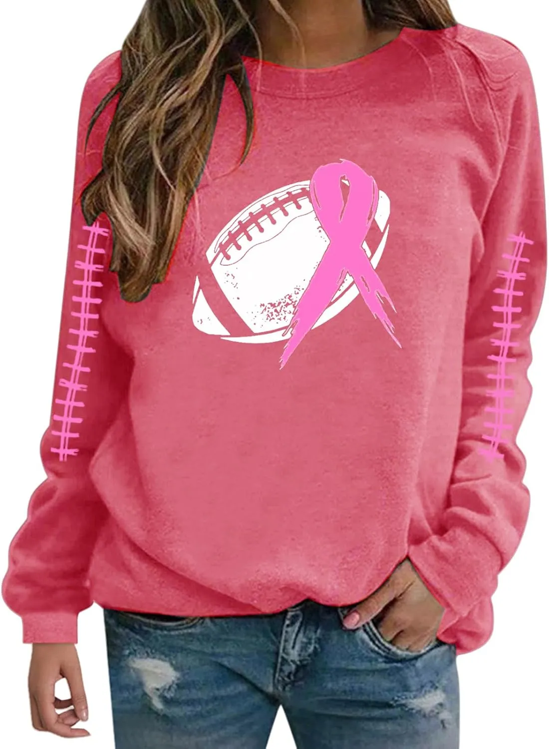 Breast Cancer Awareness Hoodies for Women Pink Ribbon Pullover Hoodie Football Sweatshirts Long Sleeve Oversized Tops