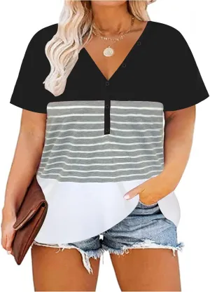 CARCOS Plus Size Tops for Women Button Up Henley Shirts Short Sleeve Summer T-Shirts V/Crewneck Casual Trendy Tunics XL-5XL