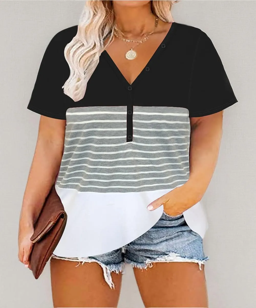 CARCOS Plus Size Tops for Women Button Up Henley Shirts Short Sleeve Summer T-Shirts V/Crewneck Casual Trendy Tunics XL-5XL