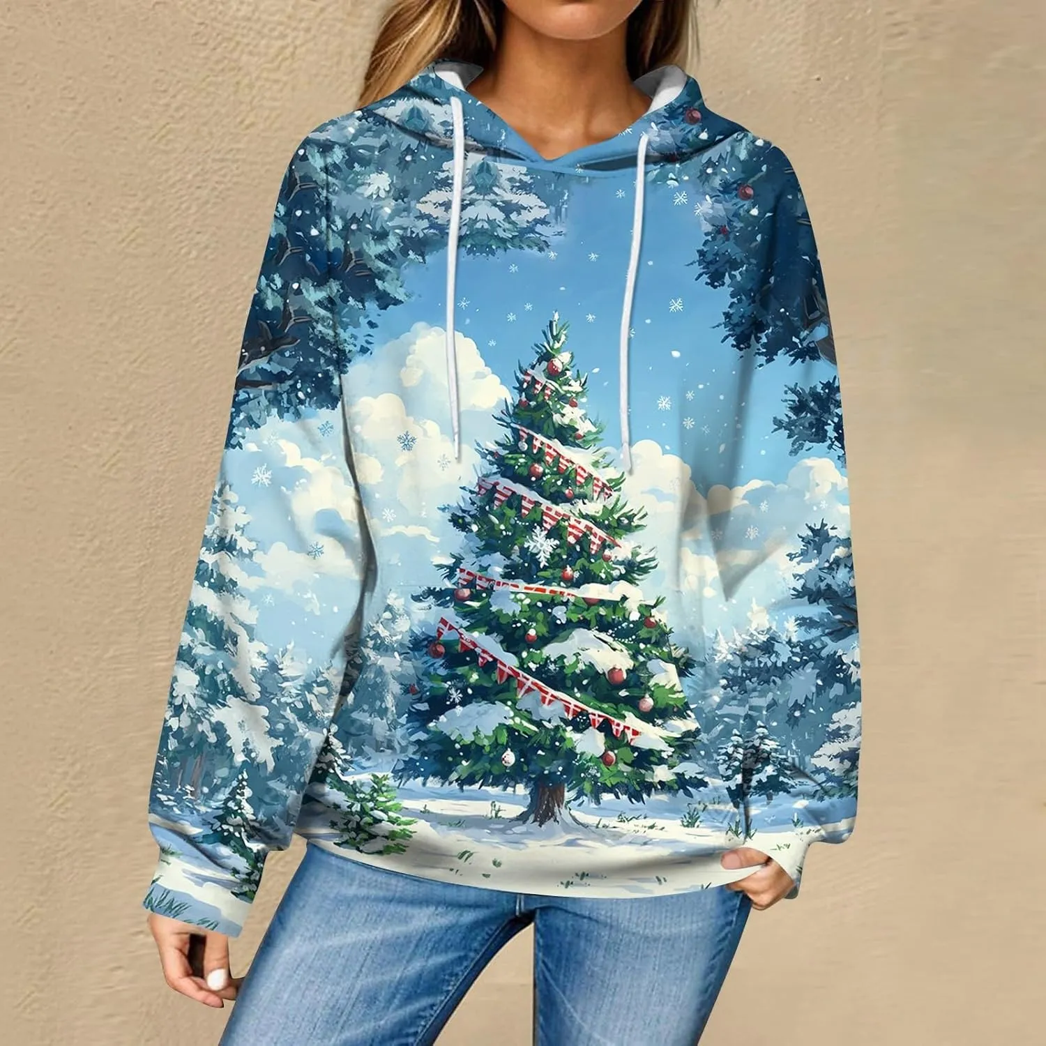 Christmas Sweatshirts For Women Trendy Oversized Hoodies Drawstring Long Sleeve Christmas Graphic Hoodies Lightweight