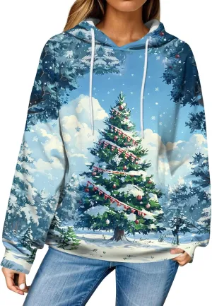 Christmas Sweatshirts For Women Trendy Oversized Hoodies Drawstring Long Sleeve Christmas Graphic Hoodies Lightweight