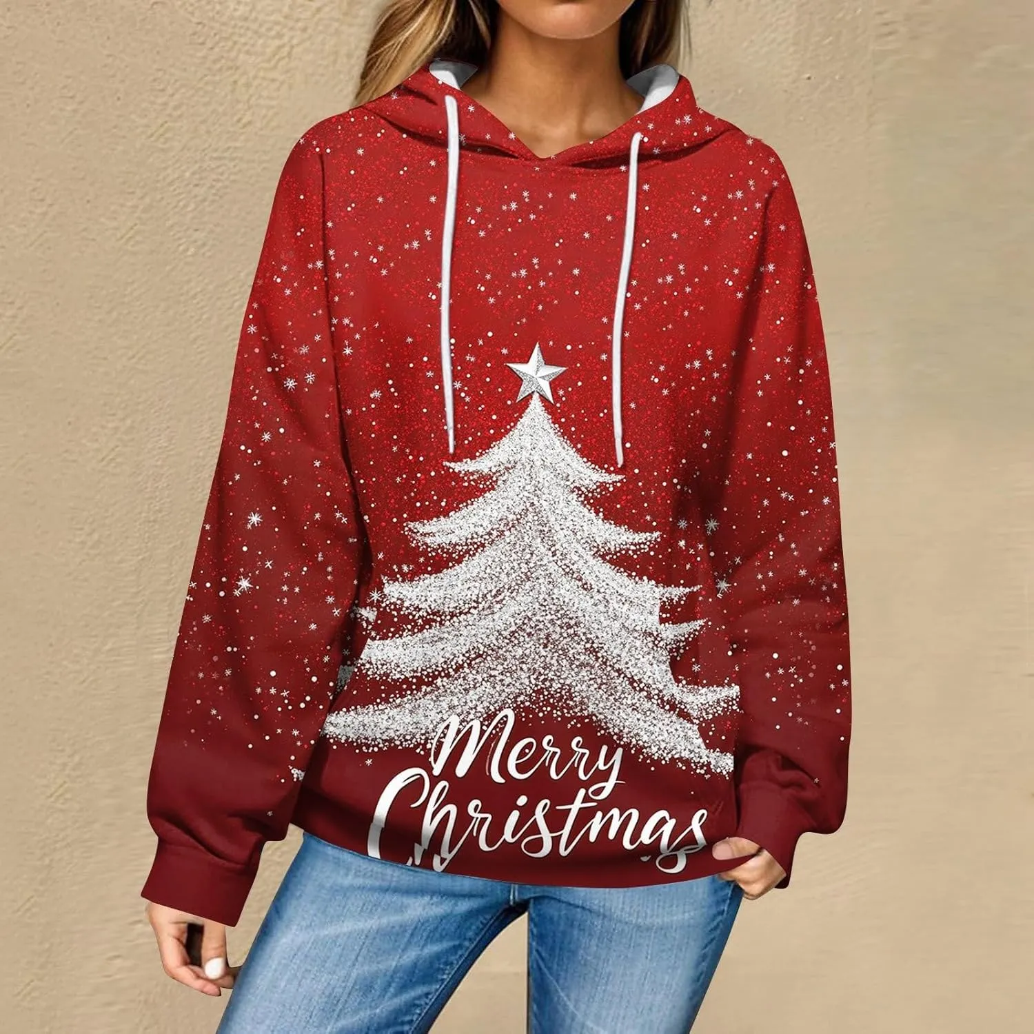 Christmas Sweatshirts For Women Trendy Oversized Hoodies Drawstring Long Sleeve Christmas Graphic Hoodies Lightweight