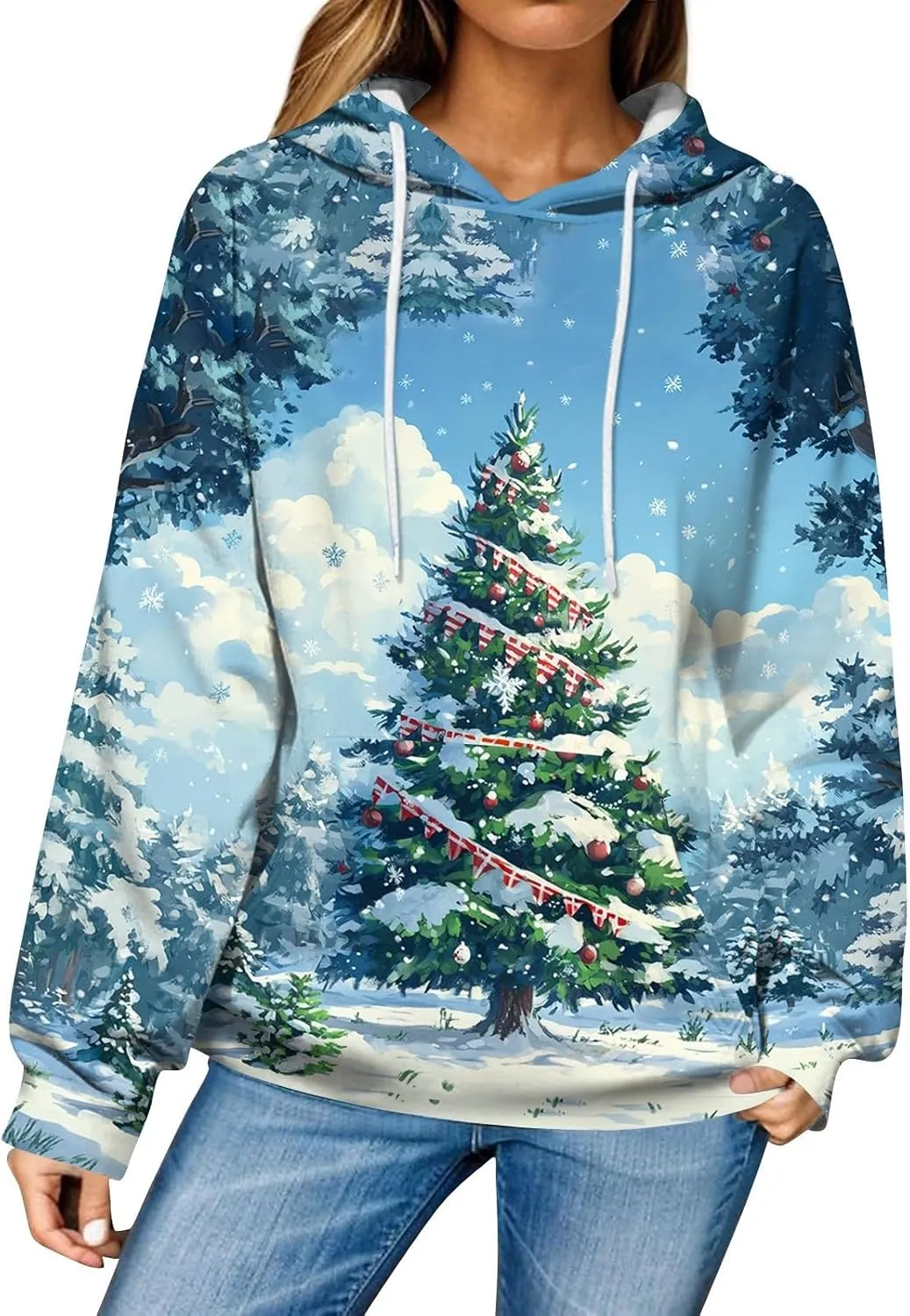 Christmas Sweatshirts For Women Trendy Oversized Hoodies Drawstring Long Sleeve Christmas Graphic Hoodies Lightweight
