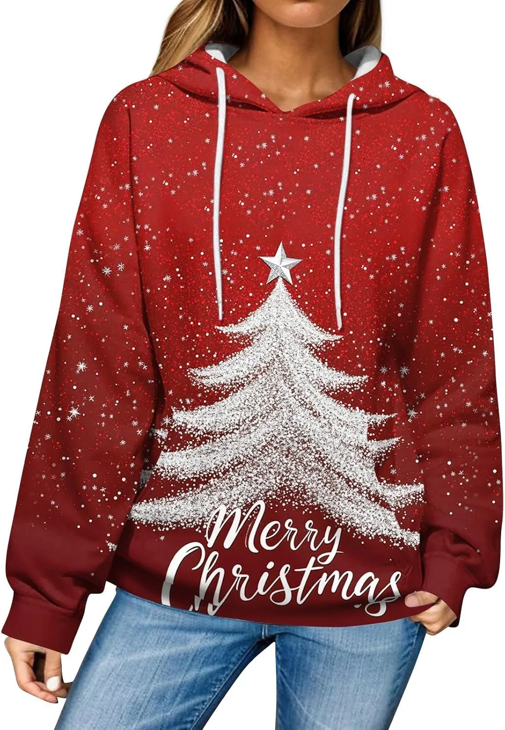 Christmas Sweatshirts For Women Trendy Oversized Hoodies Drawstring Long Sleeve Christmas Graphic Hoodies Lightweight