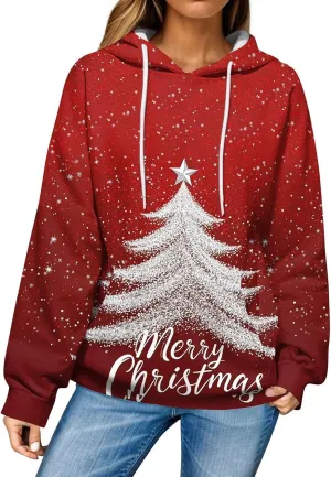 Christmas Sweatshirts For Women Trendy Oversized Hoodies Drawstring Long Sleeve Christmas Graphic Hoodies Lightweight