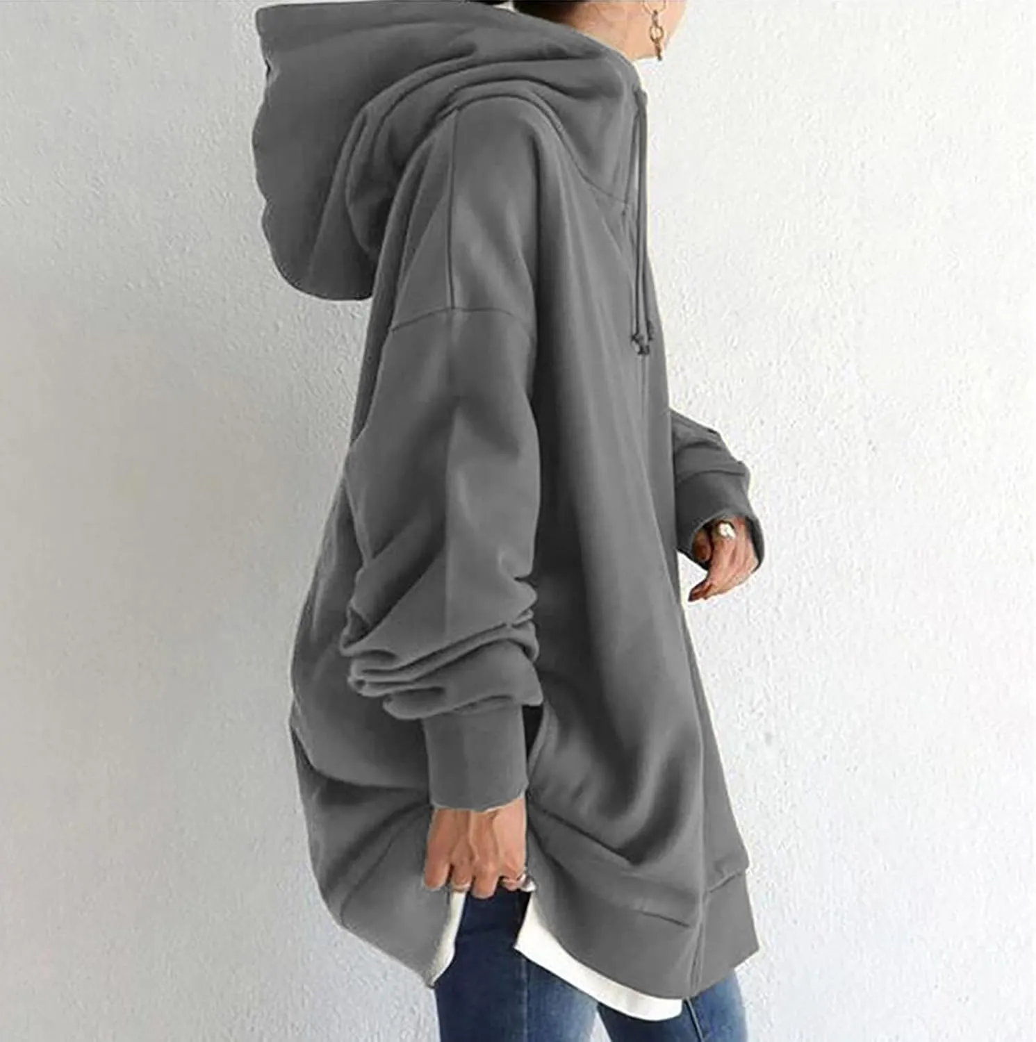 DASAYO Womens Long Oversized Hoodies Plus Size Pullover Hooded Hem Top Sweater Sweatshirts Winter Ouffits with Slit Pockets