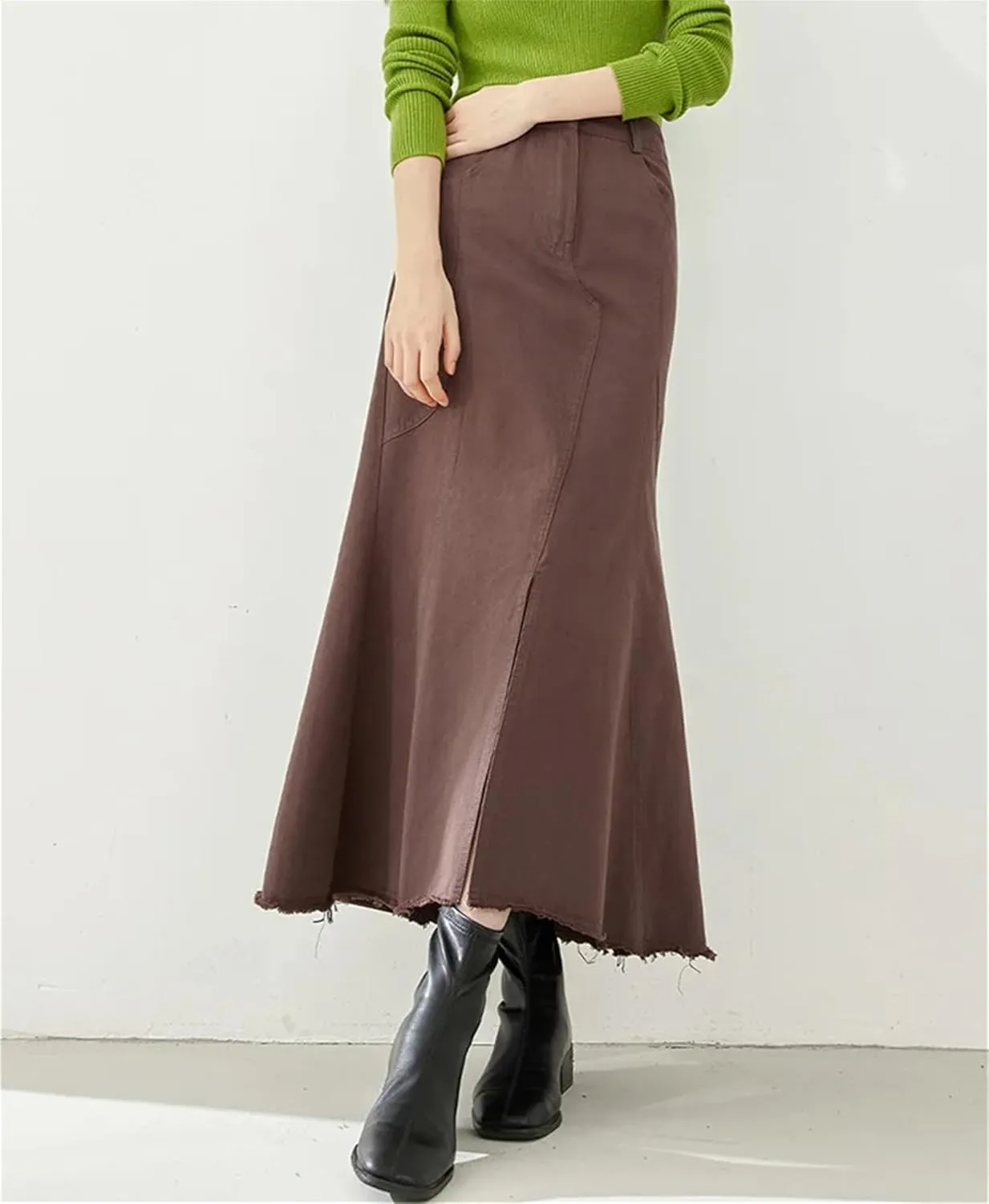 Denim Pleated Midi Skirt for Women Stylish Vintage Irregular Casual High Waist A-Line Skirt Jean Skirts