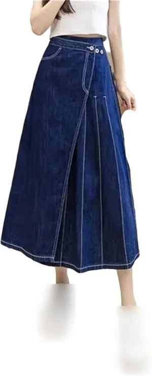 Denim Pleated Midi Skirt for Women Stylish Vintage Irregular Casual High Waist A-Line Skirt Jean Skirts