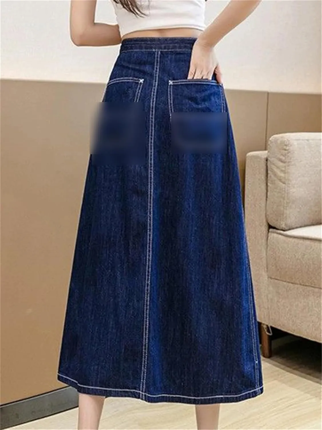 Denim Pleated Midi Skirt for Women Stylish Vintage Irregular Casual High Waist A-Line Skirt Jean Skirts