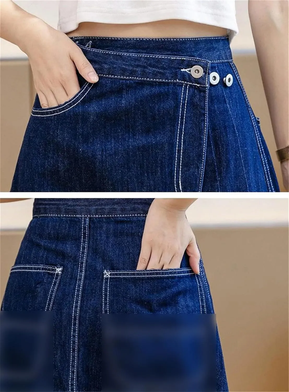 Denim Pleated Midi Skirt for Women Stylish Vintage Irregular Casual High Waist A-Line Skirt Jean Skirts