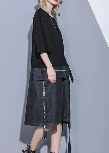 DIY black Cotton dresses o neck zippered oversized summer stylish Dress