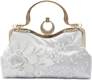 Elegant Floral Embroidery Evening Clutch Bag for Women | Vintage Bridal Handbag | Stylish Shoulder Purse(Silver)