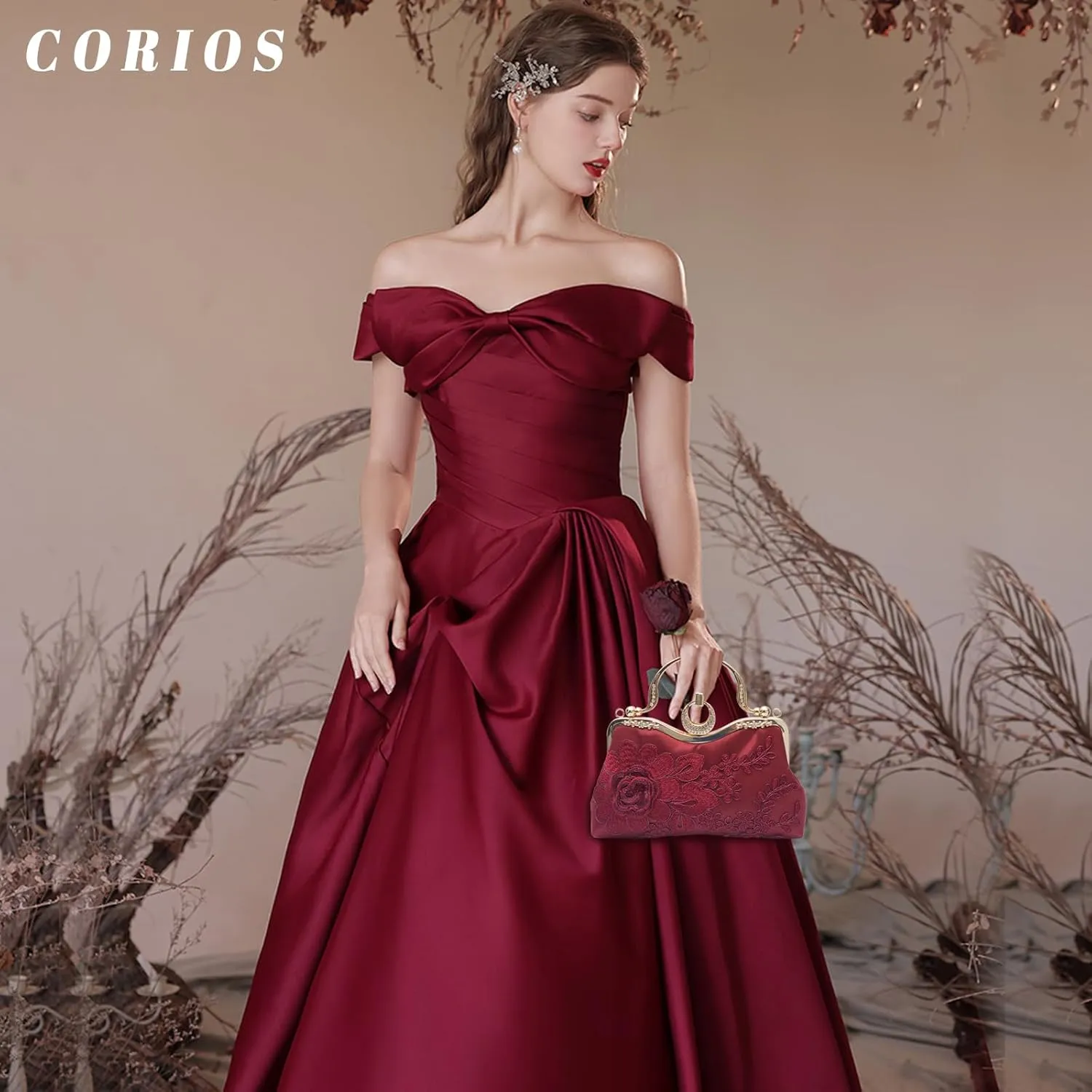 Elegant Floral Embroidery Evening Clutch Bag for Women | Vintage Bridal Handbag | Stylish Shoulder Purse(Wine Red)