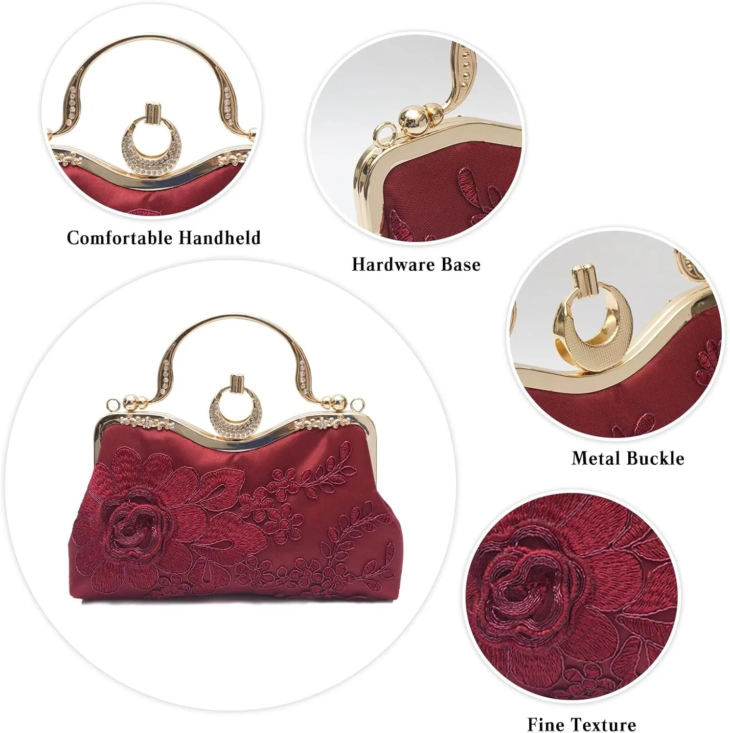 Elegant Floral Embroidery Evening Clutch Bag for Women | Vintage Bridal Handbag | Stylish Shoulder Purse(Wine Red)