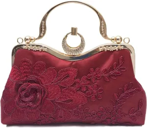 Elegant Floral Embroidery Evening Clutch Bag for Women | Vintage Bridal Handbag | Stylish Shoulder Purse(Wine Red)