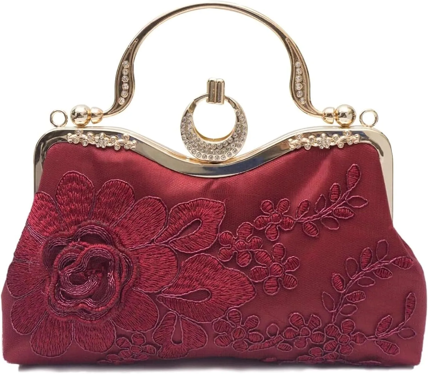 Elegant Floral Embroidery Evening Clutch Bag for Women | Vintage Bridal Handbag | Stylish Shoulder Purse(Wine Red)