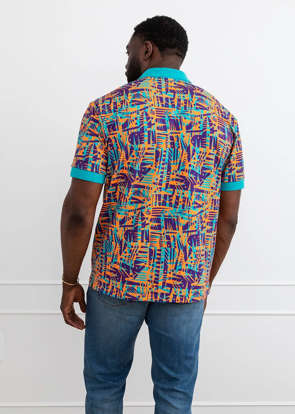 Femi Men's African Print Polo Shirt (Tropical Stamp) - Clearance